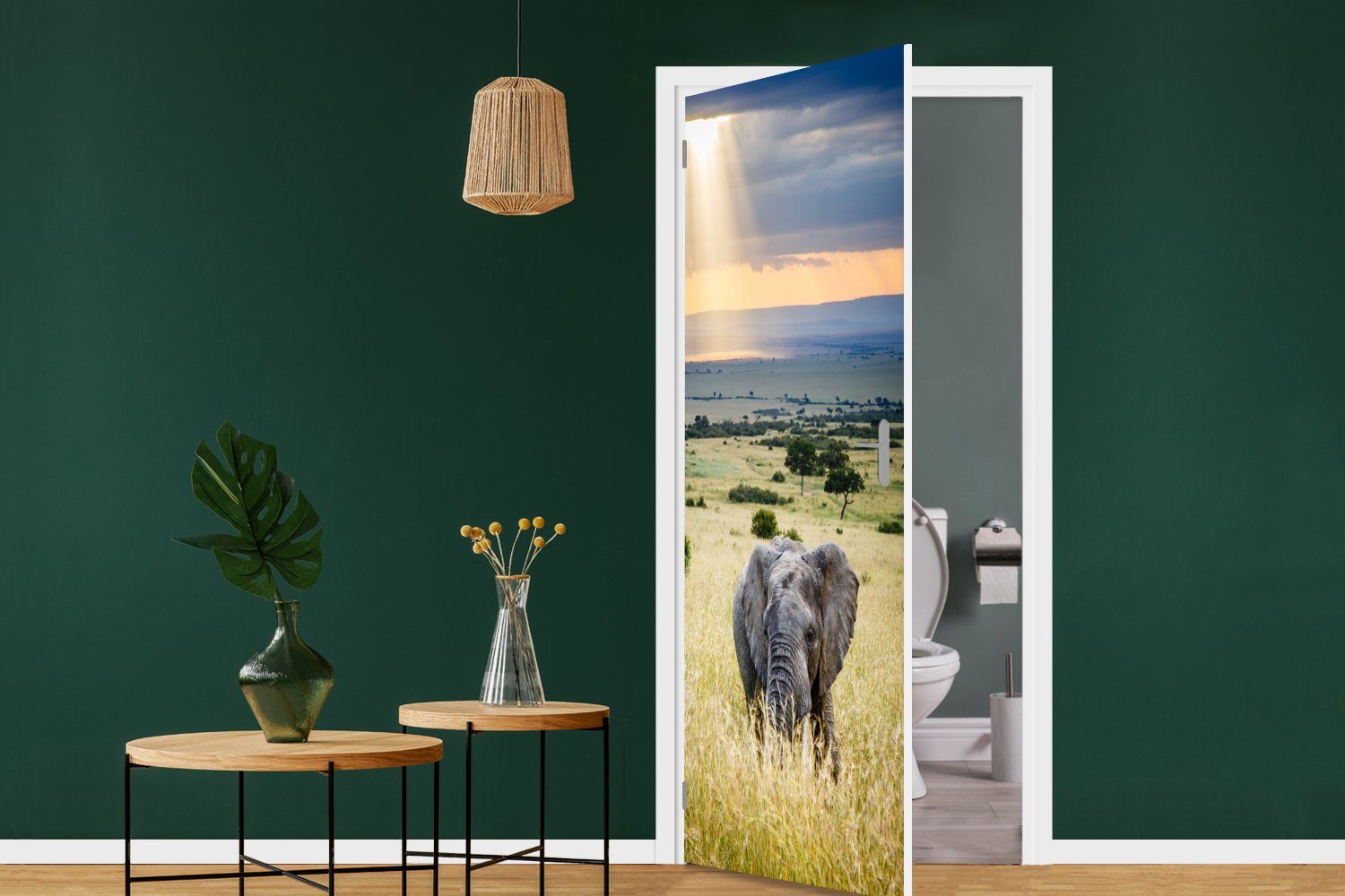 Tür, - Fototapete Tiere Landschaft 75x205 Sonne - - cm MuchoWow Matt, bedruckt, für Elefant Natur, Türtapete (1 St), Türaufkleber, -