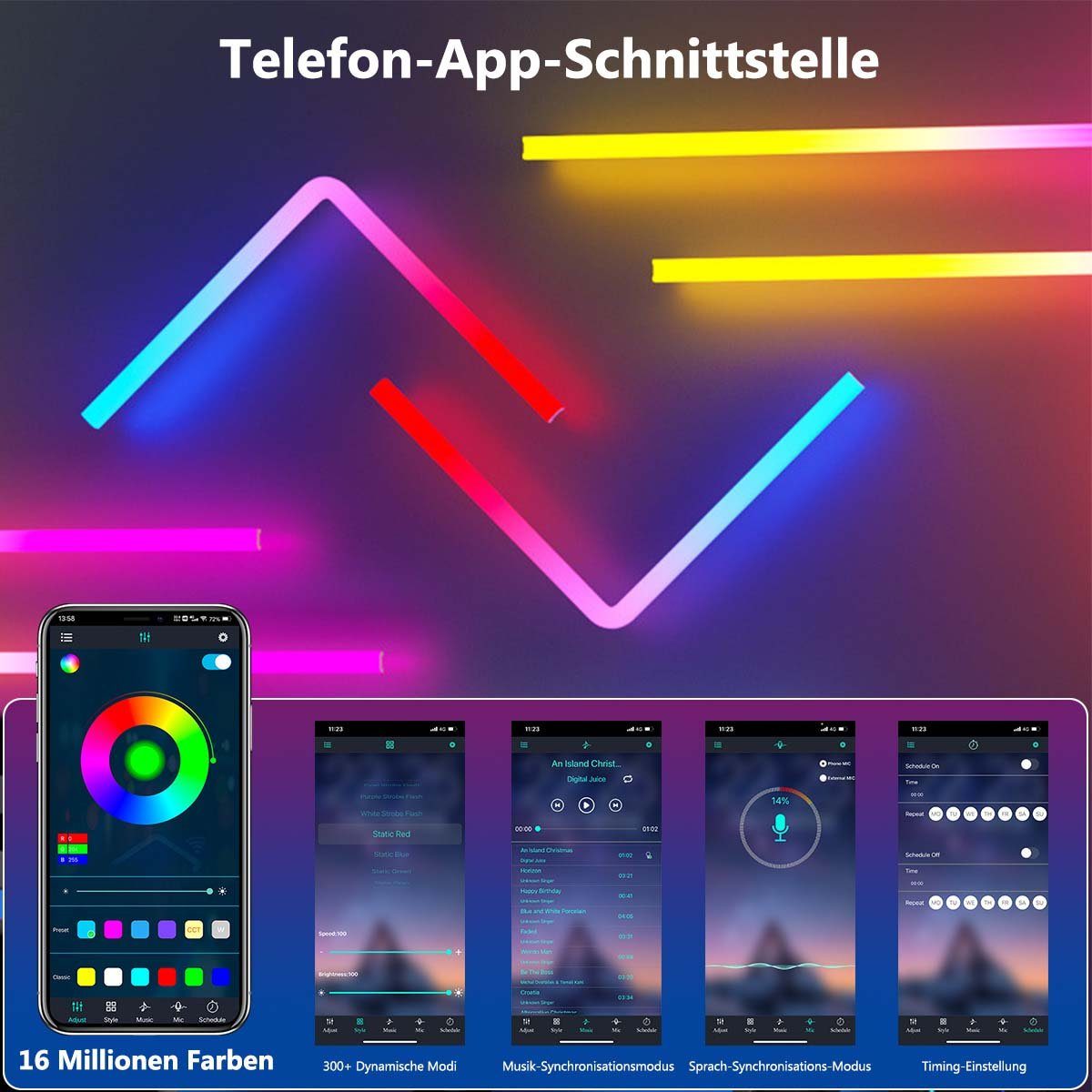 Dekolicht Deko, Schlafzimmer Gaming Rosnek Smart, Musiksyn, Stück, LED Zimmer für App/Fernbedienung RGB, 4 RGB,