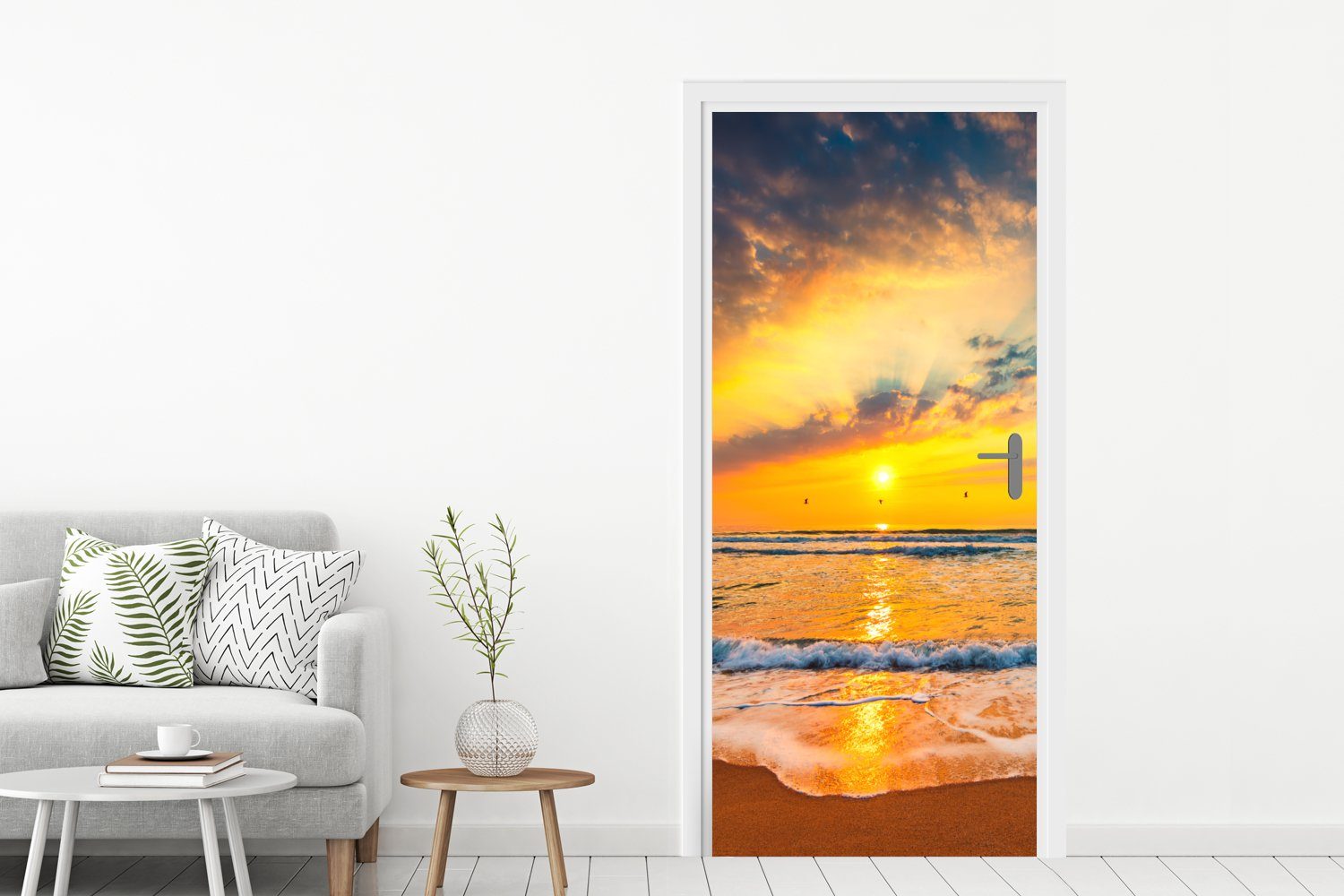 MuchoWow Türtapete Sonnenuntergang für Wolken - - - Orange, bedruckt, - Tür, (1 Türaufkleber, Strand Meer 75x205 St), Fototapete cm Matt