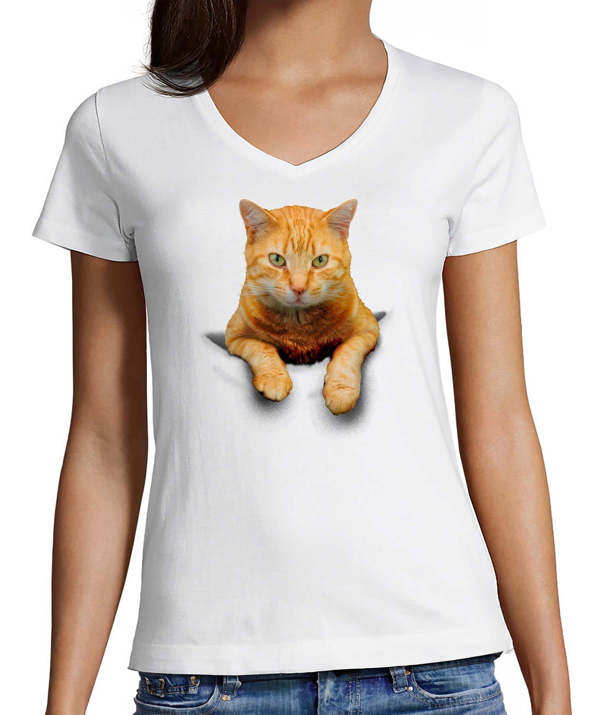 MyDesign24 T-Shirt Damen Katzen Print Shirt bedruckt - Gelbe Katze in der Tasche Baumwollshirt mit Aufdruck, Slim Fit, i109 weiss