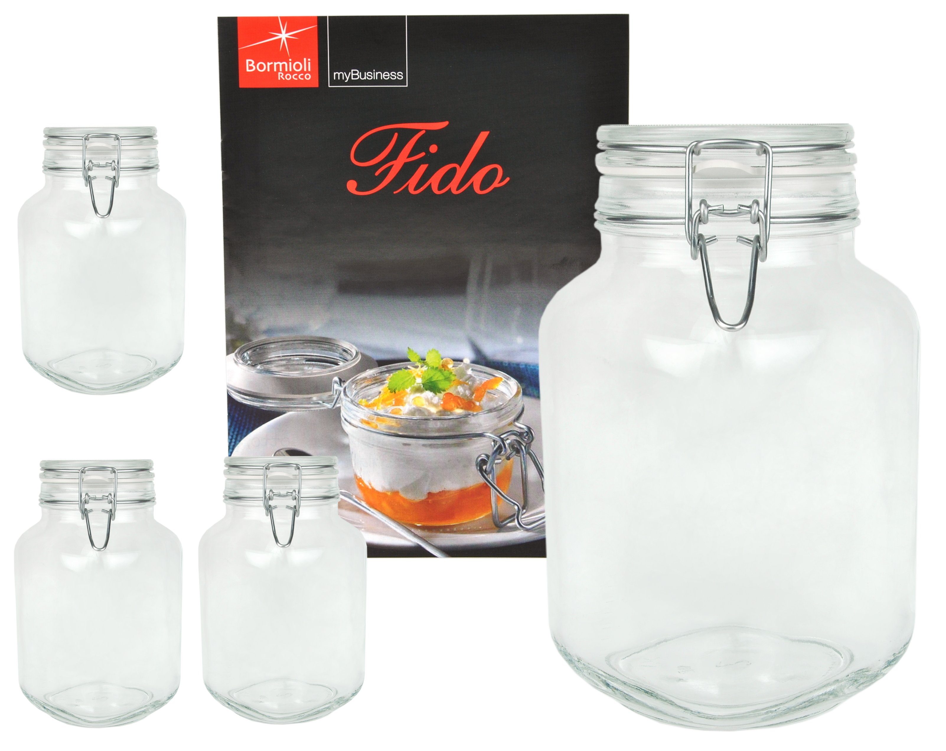 MamboCat Vorratsglas 4er Set Einmachglas Bügelverschluss Original Fido 3,0L incl Rezeptheft, Glas