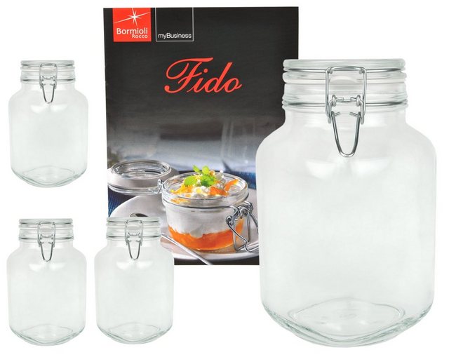 MamboCat Vorratsglas „4er Set Einmachglas Bügelverschluss Original Fido 3,0L incl. Bormioli Rezeptheft“