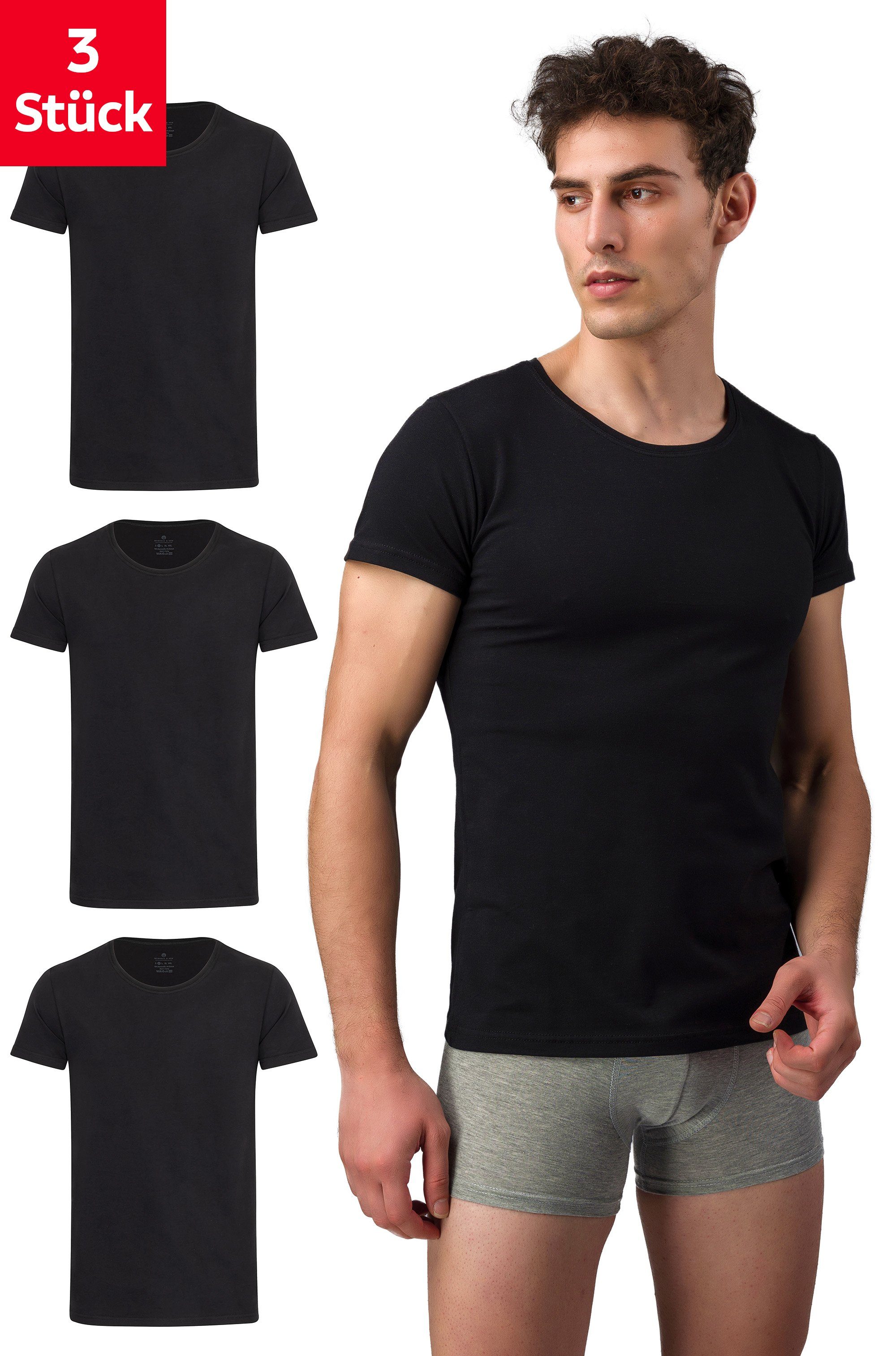 Burnell & Son Unterhemd T-Shirt Business mit Kurzarm und Rundhals für Herren aus Baumwolle (Packung, Set, Spar-Pack, Spar-Packung, Spar-Set, 3-St., 3er-Pack) Feinripp, extra lang Schwarz