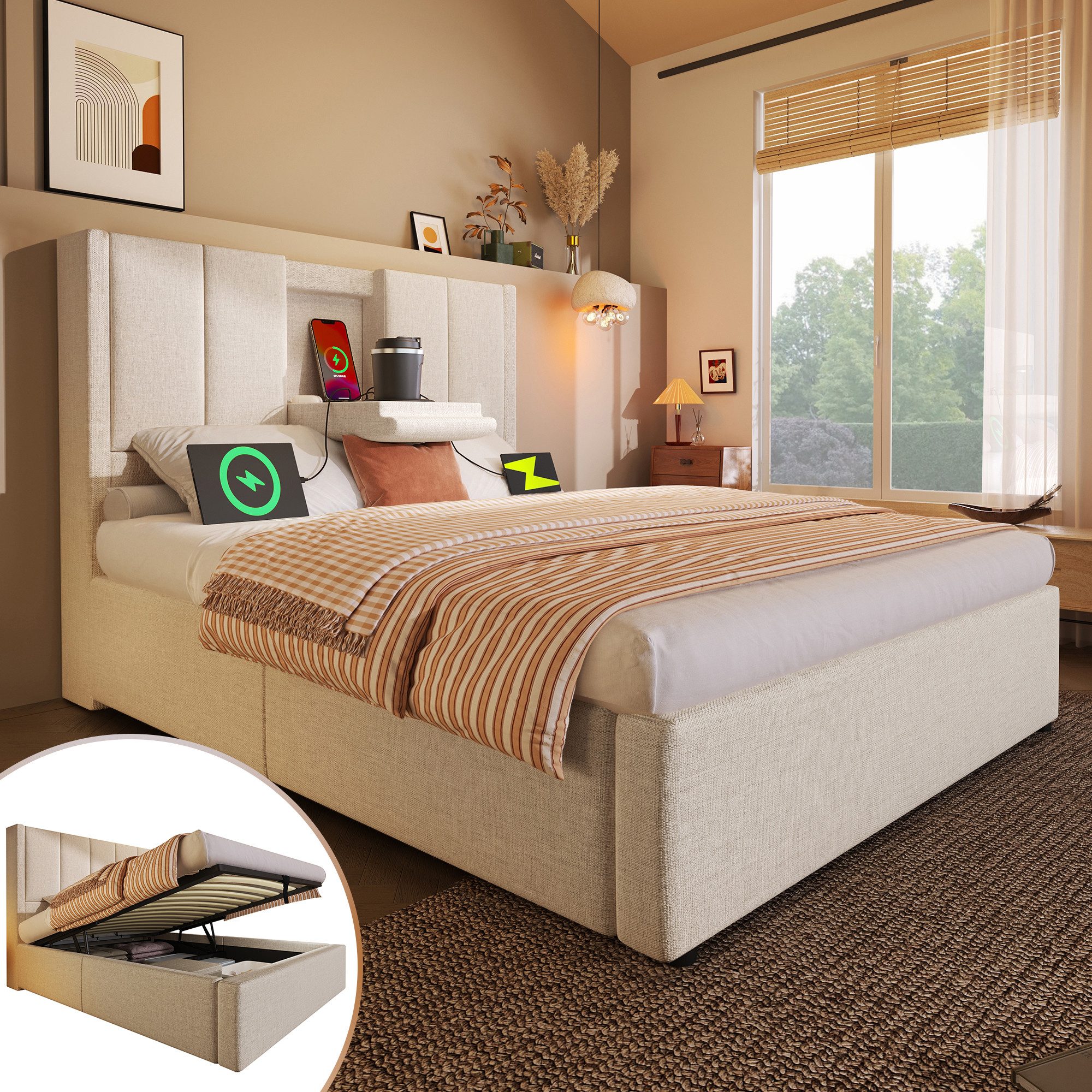 TavilaEcon Boxspringbett Hydraulisches Polsterbett mit verstecktem Becherhalter & Ladestation (1-St), mit U-förmige Eisenstange, 90×200cm, beige/grau