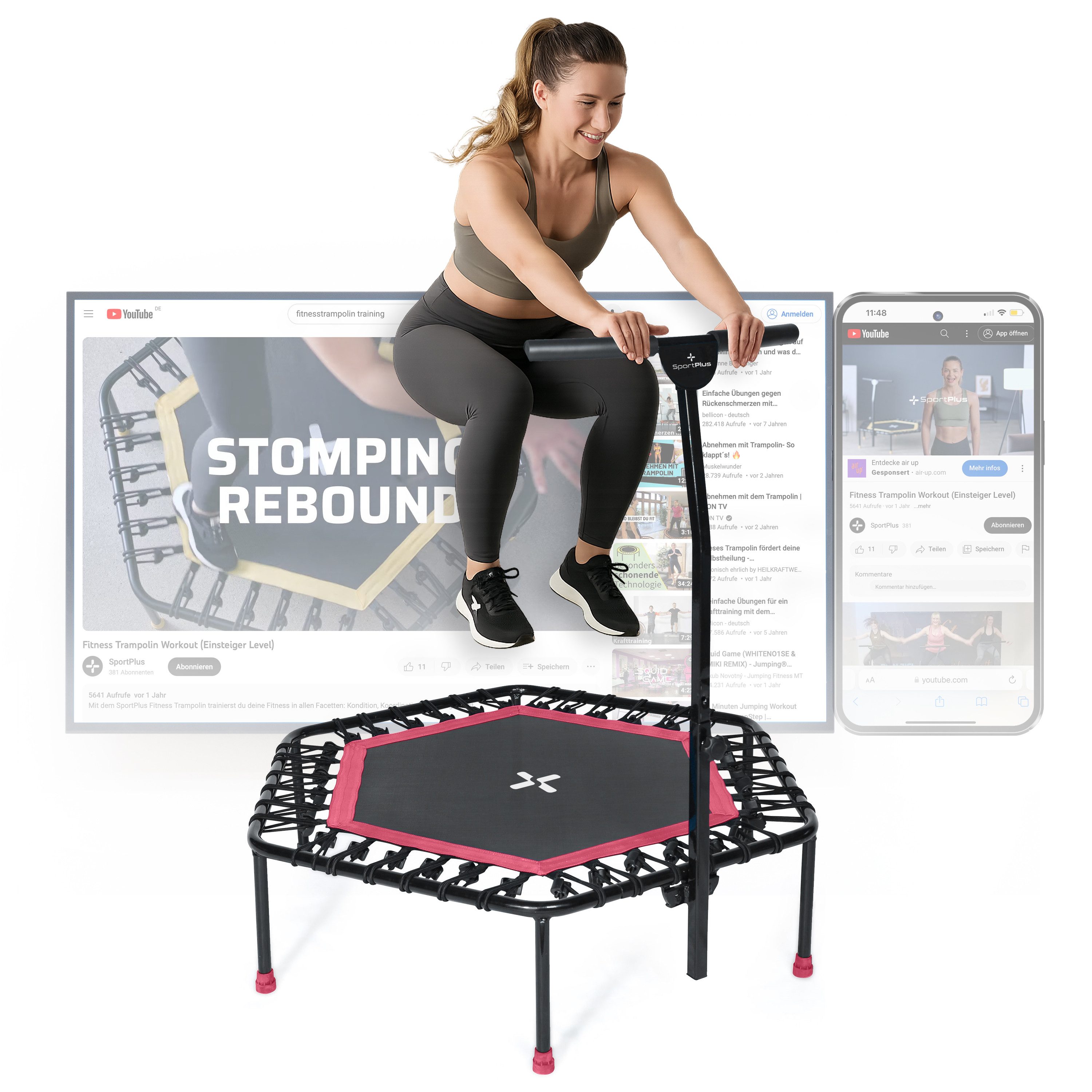 SportPlus Fitnesstrampolin SP-T-1100-P, Ø 126 cm, Fitnesstrampolin mit Haltefunktion, max 100 kg, SP-T-1100-P