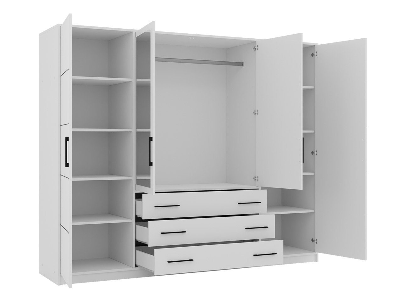 MIRJAN24 Kleiderschrank Bali 240 (4-Drehtüren und 3 Schubladen) mit Frontspiegel, Schwarze Griffe
