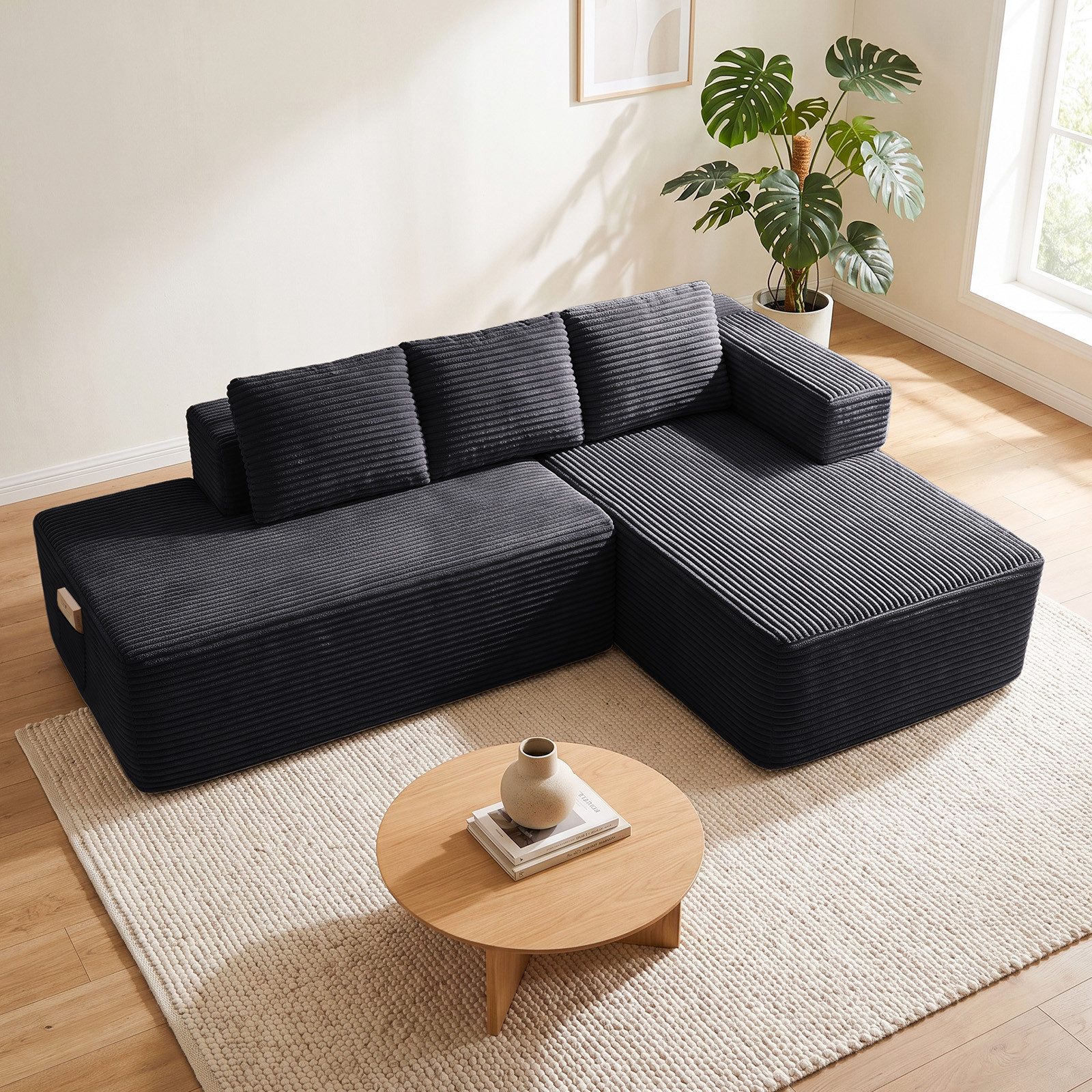 COMHOMA Sofa Ecksofa, Corduroy Modulares Boneless Couch mit Chaiselongue, Metallgestell, L-Form Schlafsofa mit Kissen & Seitentaschen