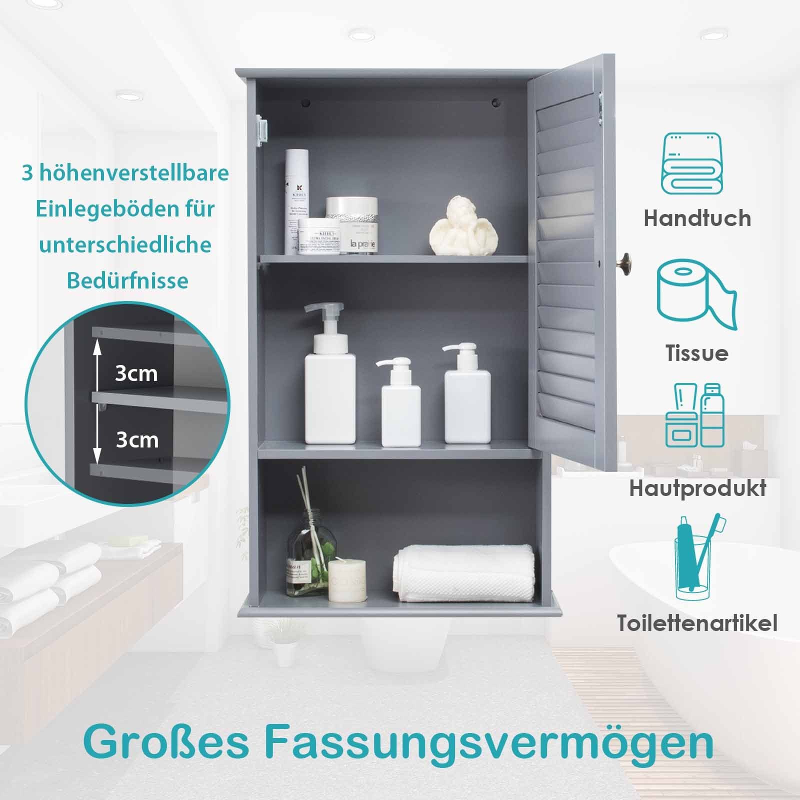 Einlegeboden verstellbarem Badezimmerschrank COSTWAY mit Hängeschrank grau