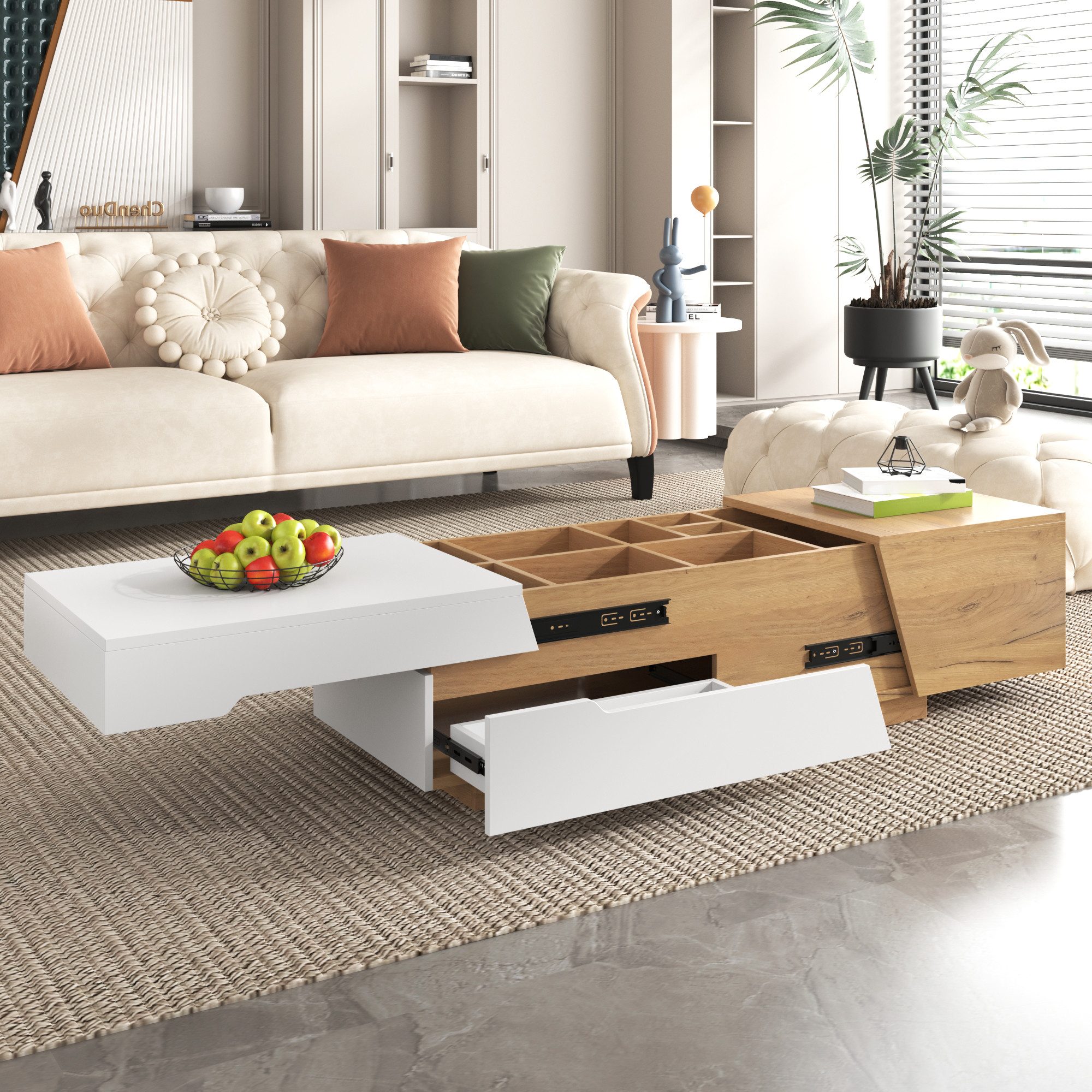 BBWL Couchtisch Modern ausziehbarer Couchtisch mit Schubladen in Weiß und Holzoptik (120x50x37.5 cm großer Wohnzimmertisch mit innovativem Schiebedesign und pra – Bild 5 von 5