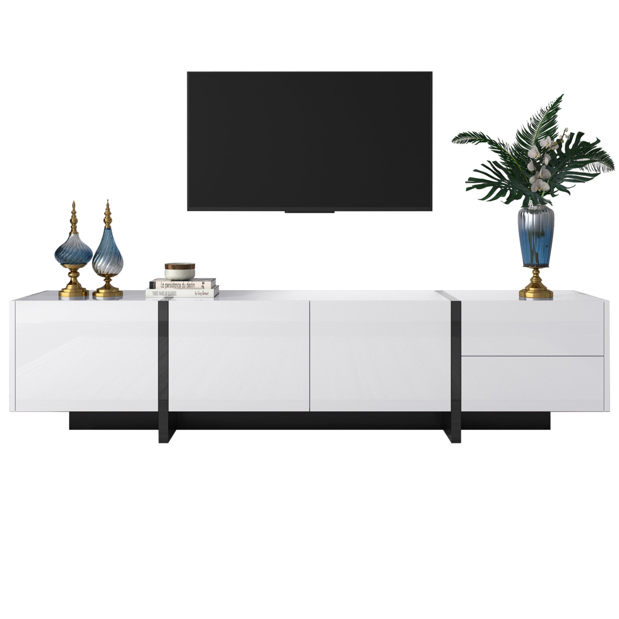 SPLOE 190cm, (mit und TV HAUSS Schrank Fernsehschrank Schubladen) Hochglanz, Breite TV-Schrank Türen TV-Tisch Weiß TV-Lowboards
