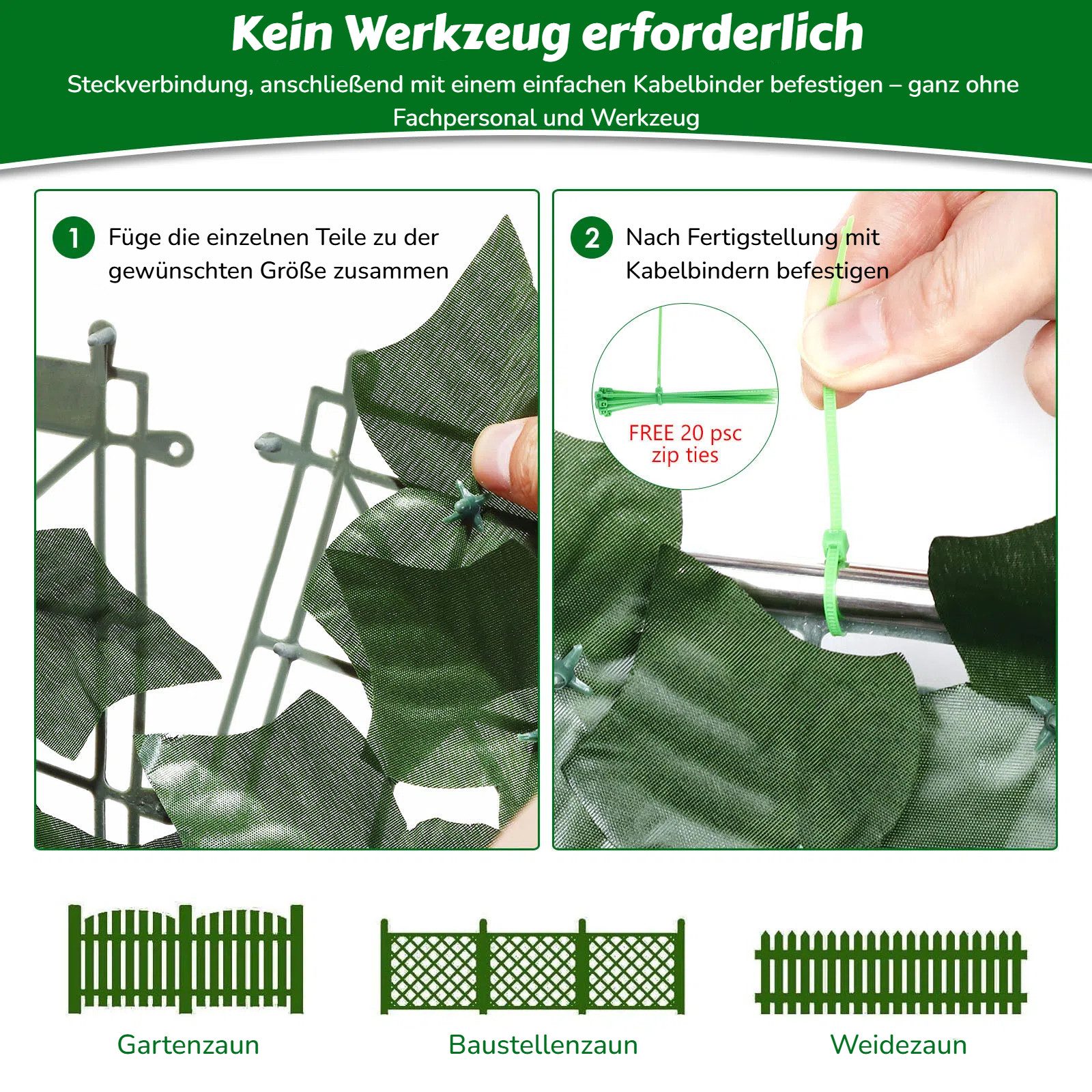 LEMLIT Balkonsichtschutz 1×3 m Kunsthecken-Sichtschutz, Efeu Hecke Windschutz für Balkon (1er Set, 1-St., mit Kabelbindern montierbar) Luftdurchlässige Rückseit – Bild 5 von 5
