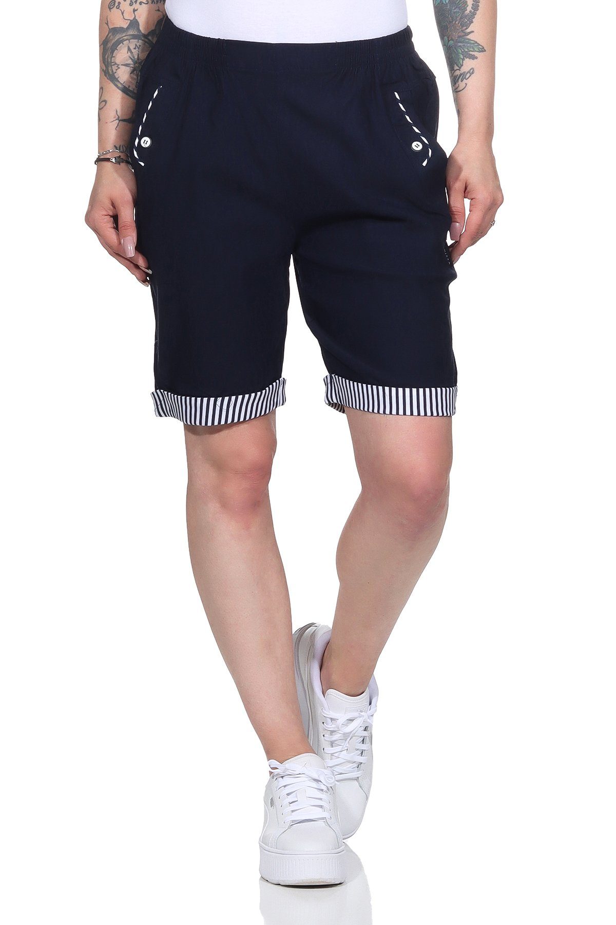 mit Shorts Bermuda Maritime maritimen auch mit erhältlich, Aurela Strandbermuda großen in Sommer Shorts Größen Damen elastischem Bund, Details Marine Damenmode