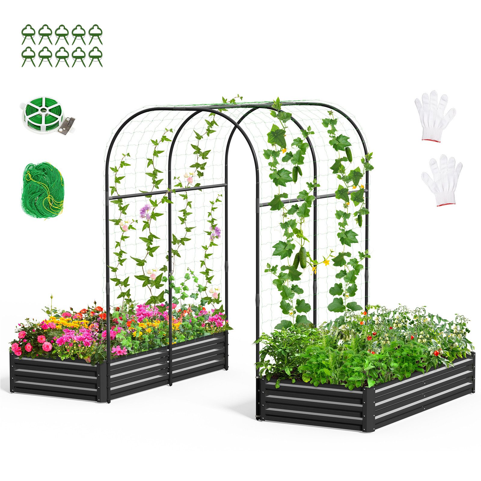 Meulbaty Blumenkasten 3-IN-1 Metall-Hochbett für Garten mit Gartenbogen und Rankhilfe, mit 2 Betten, 220cm Rankgitter und Kletternetz