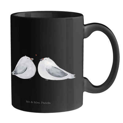 Mr. & Mrs. Panda Tasse Turteltauben Liebe - Schwarz - Geschenk, Teebecher, Tasse, Hochzeitst, Keramik Schwarz, Brillante Bedruckung