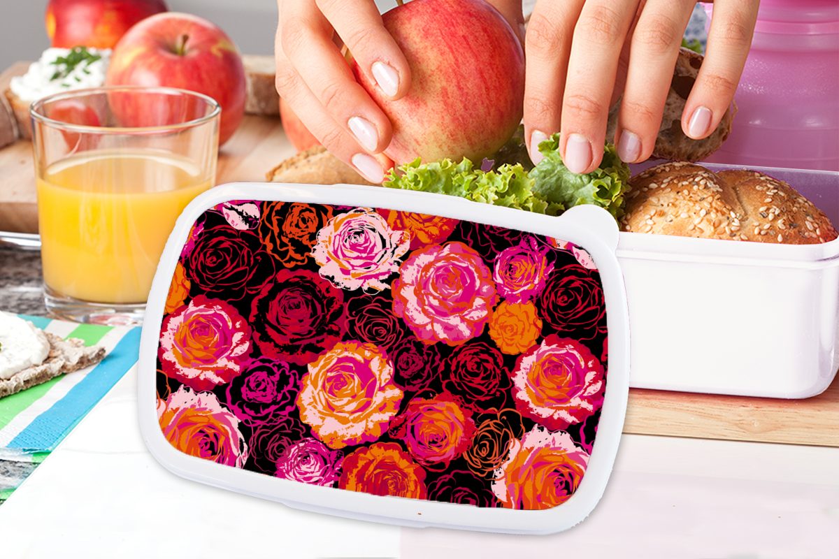 (2-tlg), für Erwachsene, Brotbox Lunchbox - für Blumen, Mädchen MuchoWow Kunststoff, Rosen und Muster Jungs - und Kinder weiß Brotdose,