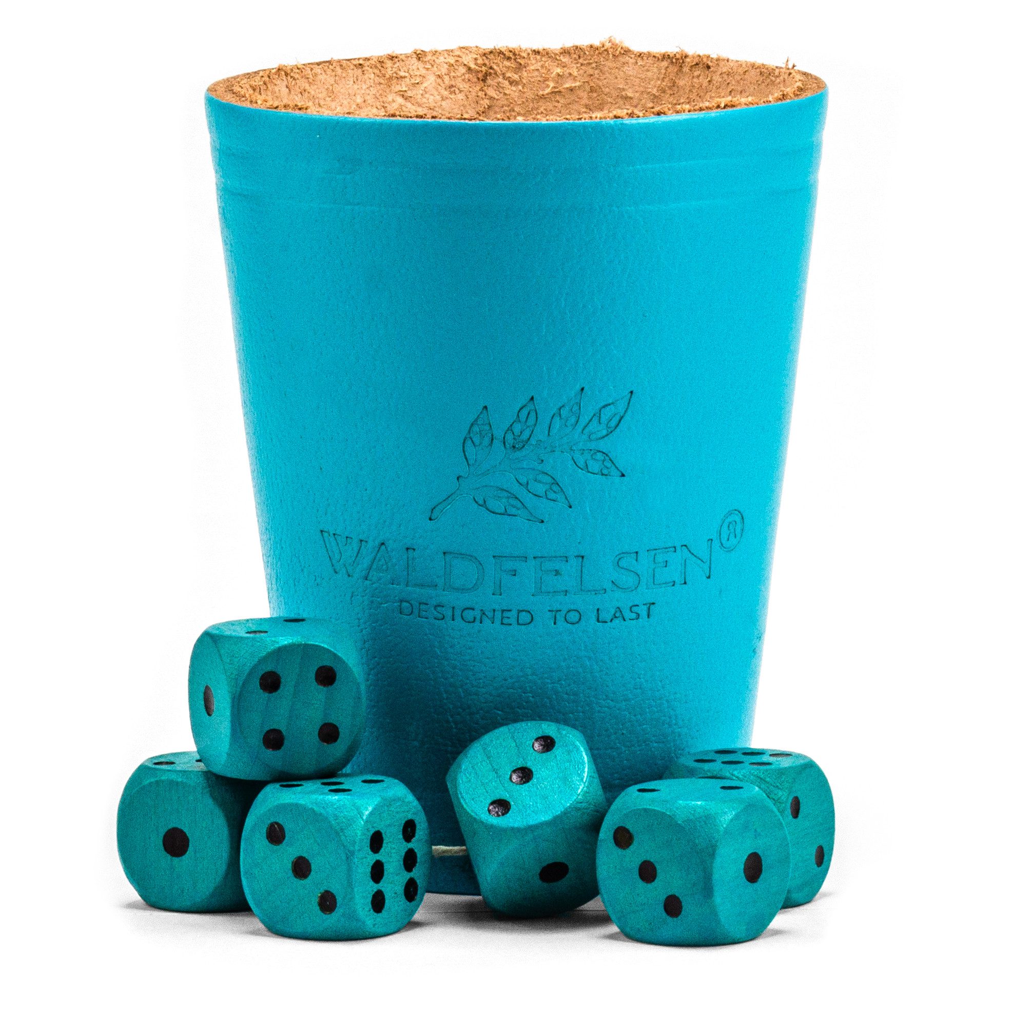 Waldfelsen Spiel – Echtleder Würfelbecher (9 cm) mit 6 Würfeln (16 mm) aus Buchenholz, Würfelspiel, Verschiedene Farben