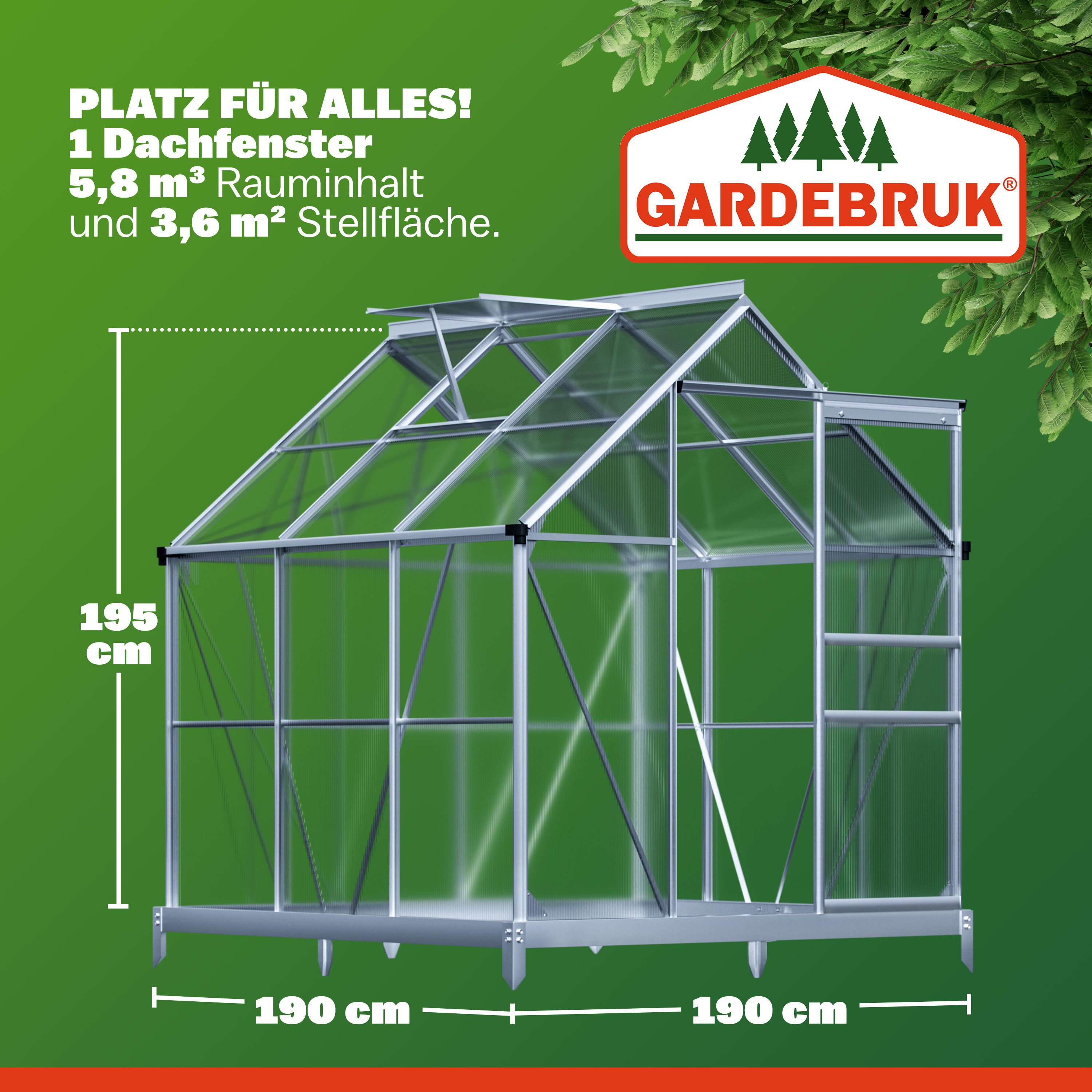 Gardebruk Gewächshaus, Aluminium 3,6m² mit Fundament 190x190cm inkl. Dachfenster Treibhaus