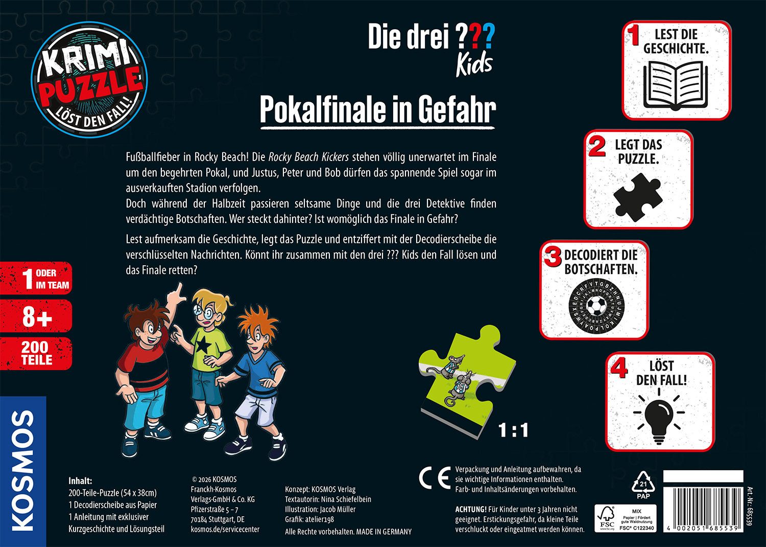 Kosmos Puzzle Krimipuzzle Die drei ??? Kids Pokalfinale in Gefahr, 200 Puzzleteile, Made in Germany