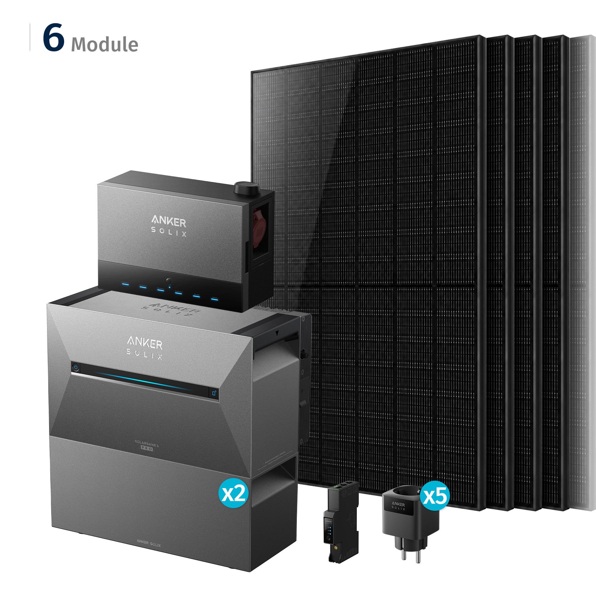 SolarMars Balkonkraftwerk mit Speicher 3000W mit Power Dock Solarbank Multisystem, (mit Anker Solix Solarbank 3 E2700 Pro und BP2700 (optional), 6x Solarmodule mit jeweils 500 W)