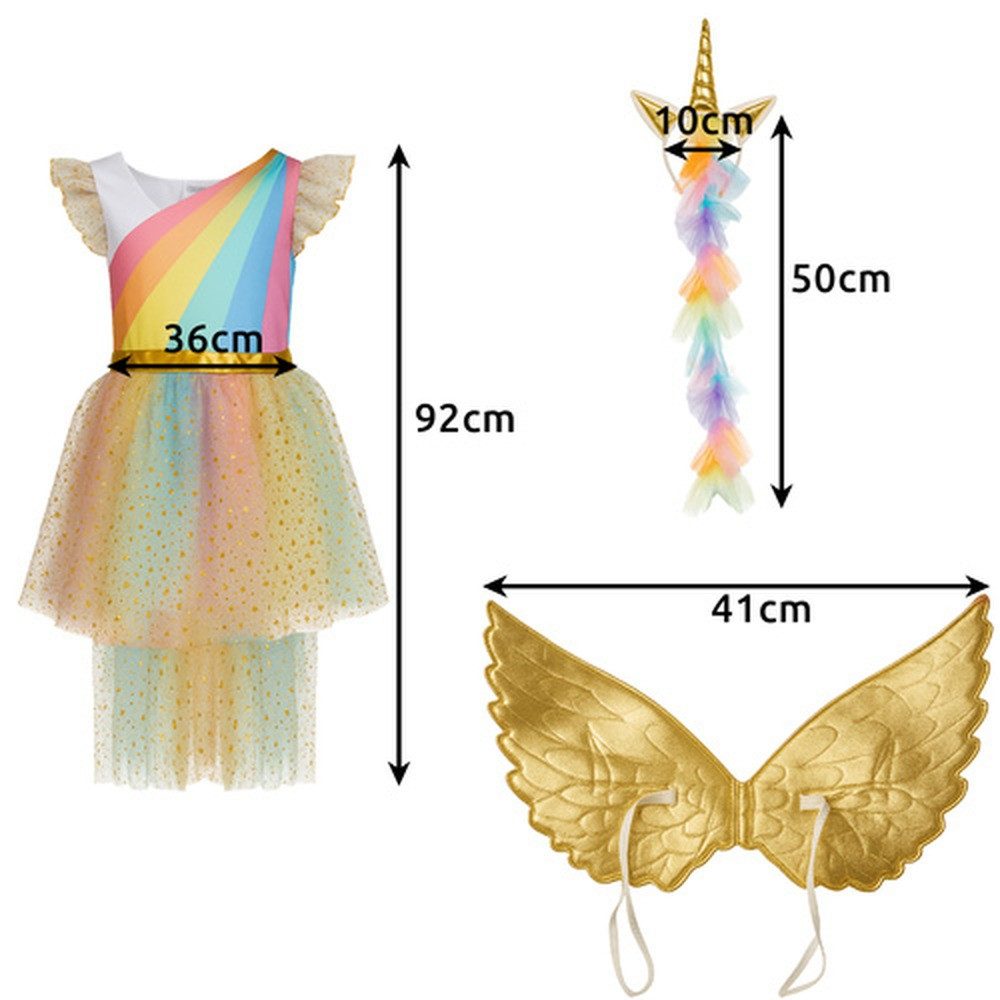 KRUZZEL Kostüm Kinderkostüm Einhornkostüm Fasching, Enthält Kleid, goldene Flügel und Stirnband mit Einhornhorn