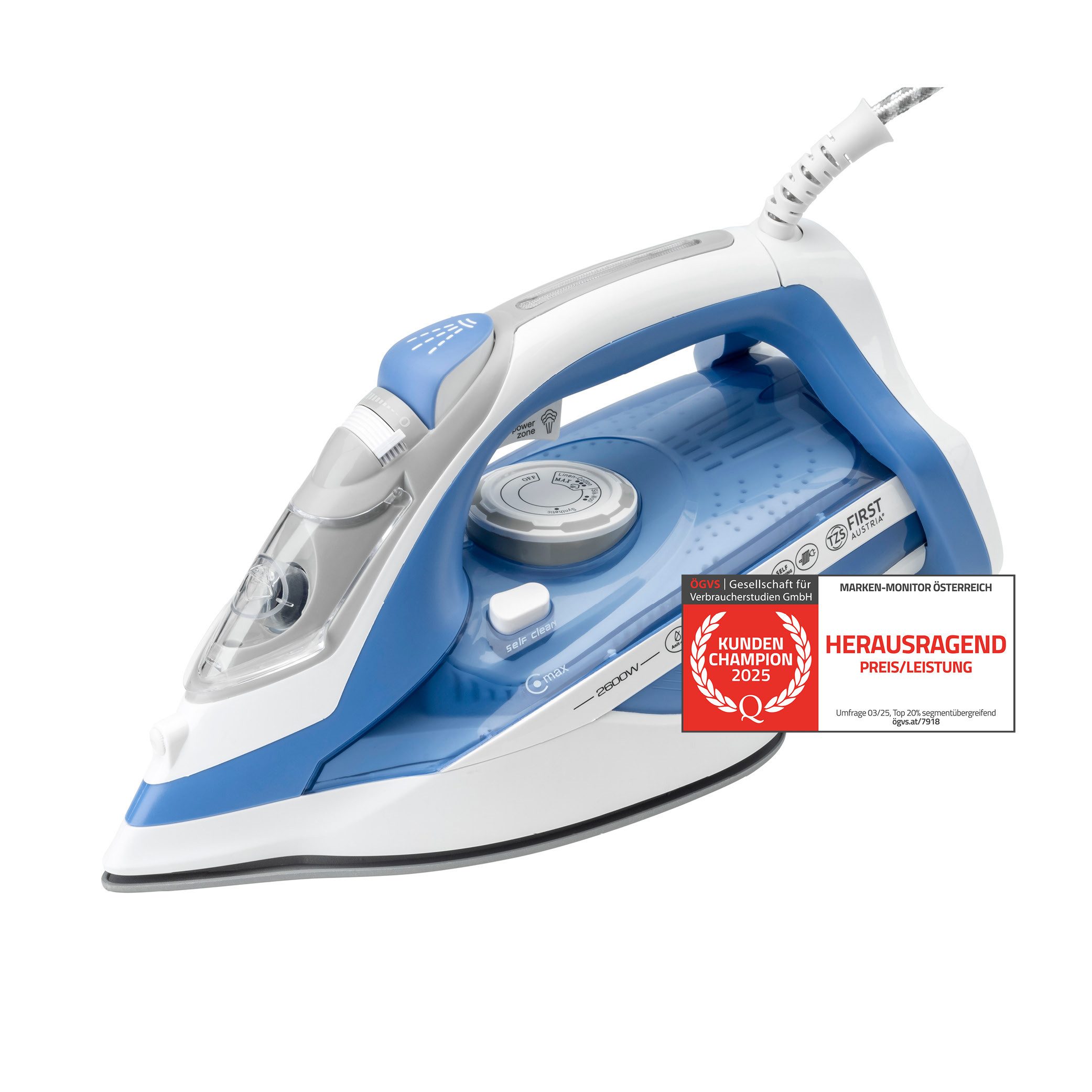TZS FIRST AUSTRIA Dampfbügeleisen 2600W, Keramiksohle, 91 Düsen, 35g/min, 1g Dampfstoß, Blau, 2600 W, Bügeleisen mit Antikalk, Tropfschutz, Vertikaldampf, 450ml Wassertank
