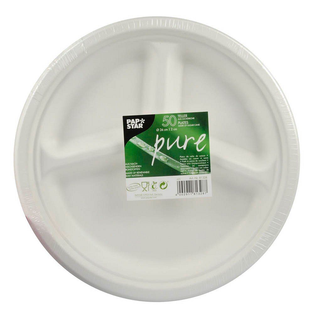 PAPSTAR GmbH Einwegteller 50 Teller Zuckerrohrteller Ø 26cm "pure" 3-geteilt - weiss