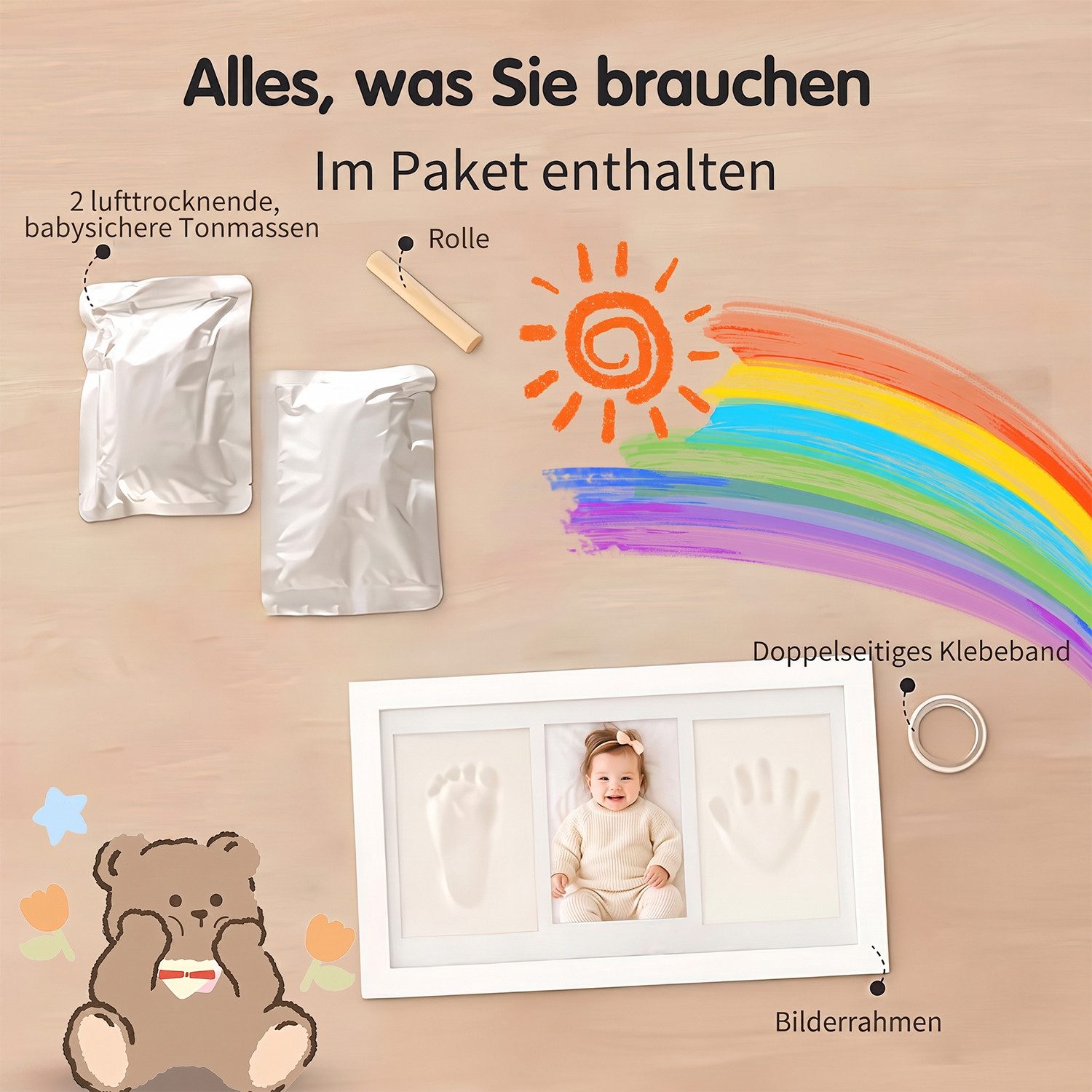 AIMAX Bilderrahmen zum Basteln Baby Handabdruck und Fußabdruck Set – Gipsabdruck Baby Hand und Fuß , für 3 Bilder (Abdruckset Baby Personalisierte Erinnerung &  – Bild 3 von 5
