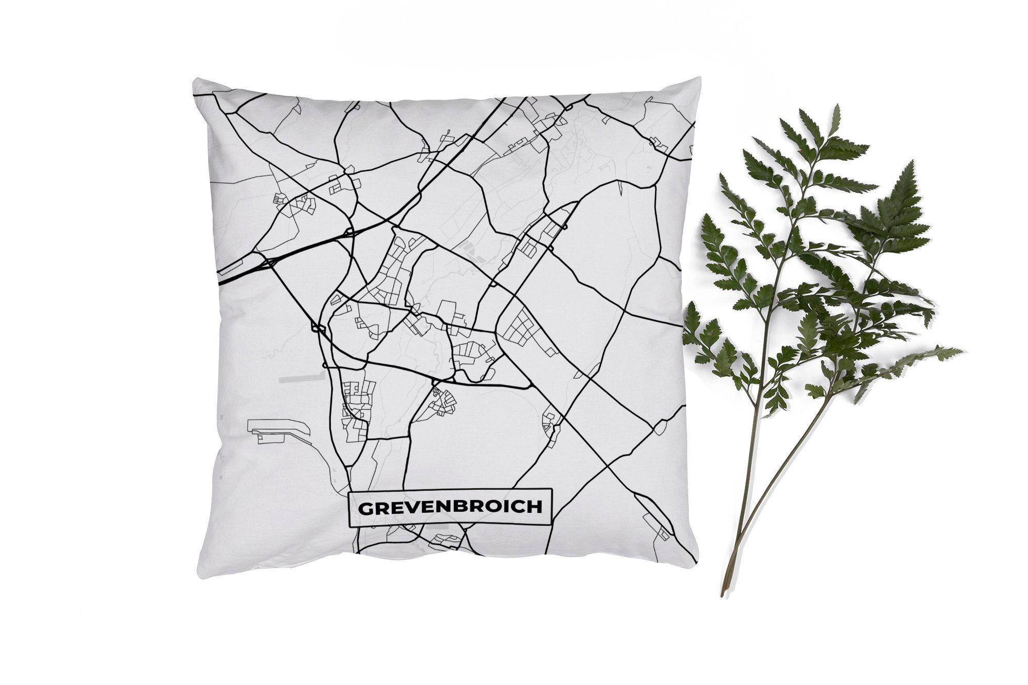 MuchoWow Dekokissen Grevenbroich - Karte - Stadtplan, Zierkissen mit Füllung für Wohzimmer, Schlafzimmer, Deko, Sofakissen