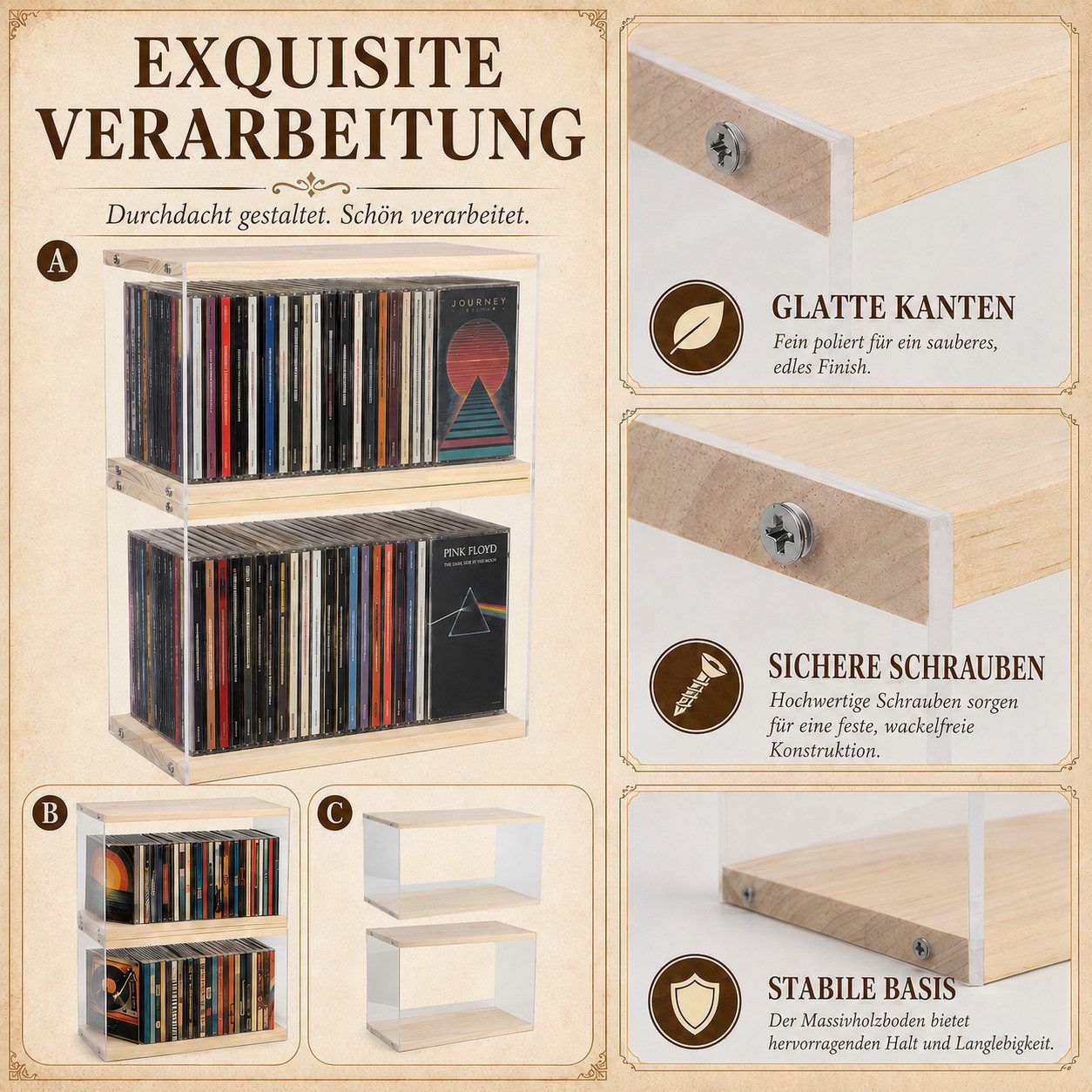 BlingBin CD-Regal CD-Halter aus Holz und Acryl, stapelbare CD-Ständer für bis zu 60 CDs, CD-Tischständer 2-tlg., CD-Aufbewahrung für Standard-CD-Hüllen, Medien- – Bild 5 von 5