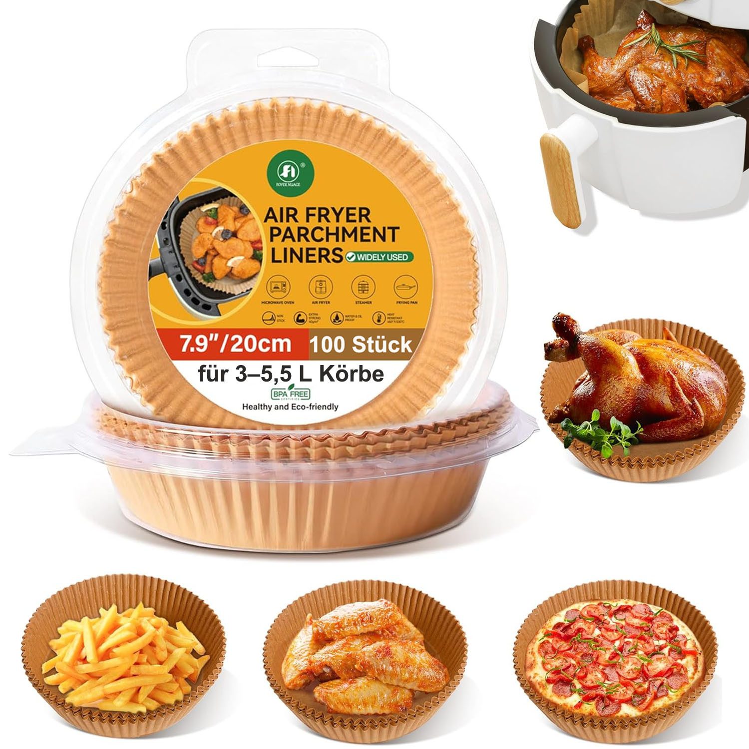 SURFOU Backpapier für Heißluftfritteuse-100/200 Stück Air Fryer Backpapier rund Ø16cm, Backpapier – 4,5 cm Höhe, für 3-5,5 L Korb, antihaft & ölfest, Einweg