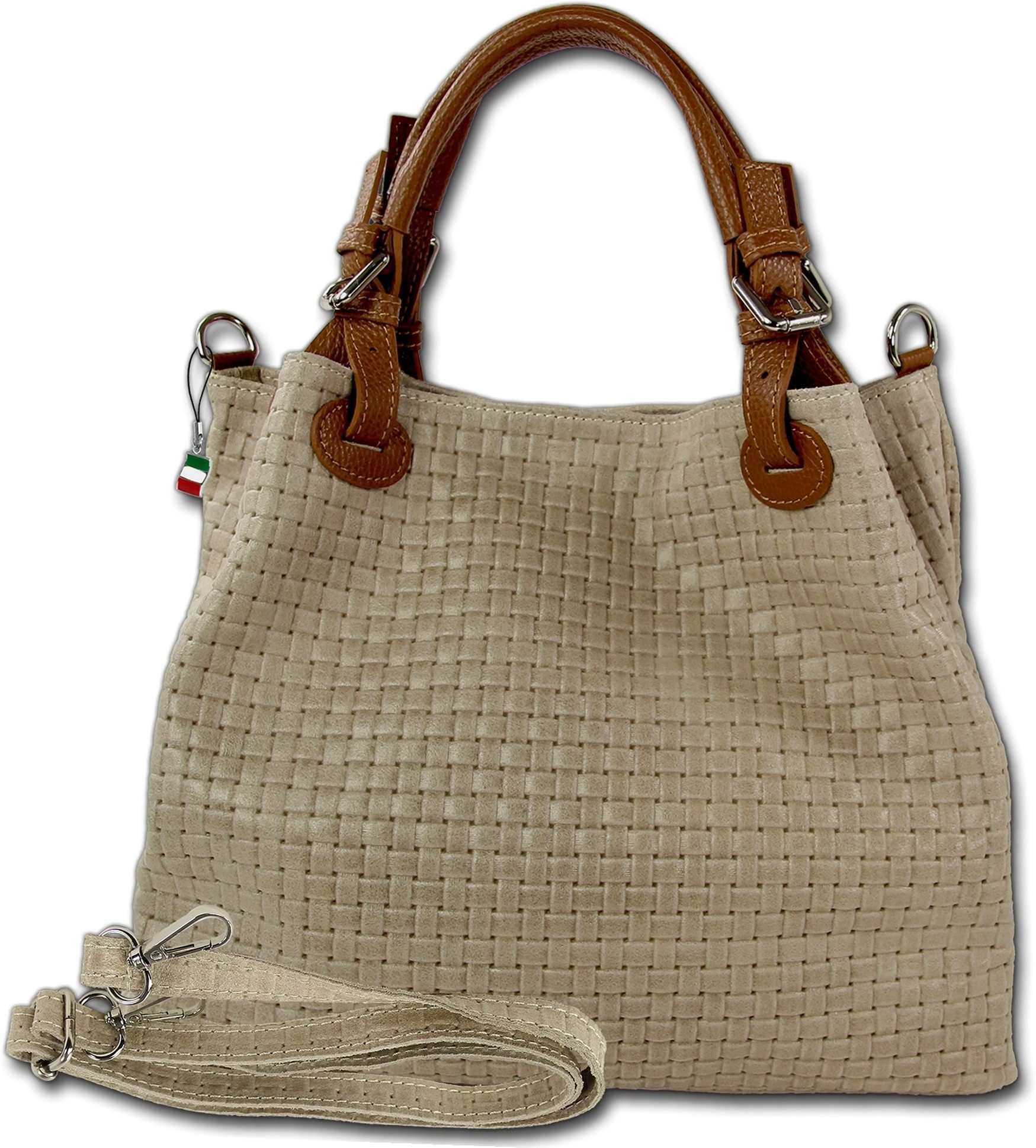 FLORENCE Florence Damen Handtasche Echtleder (Umhängetasche, Umhängetasche), Damen Tasche Echtes Leder taupe, beige, geprägtes Flechtmuster