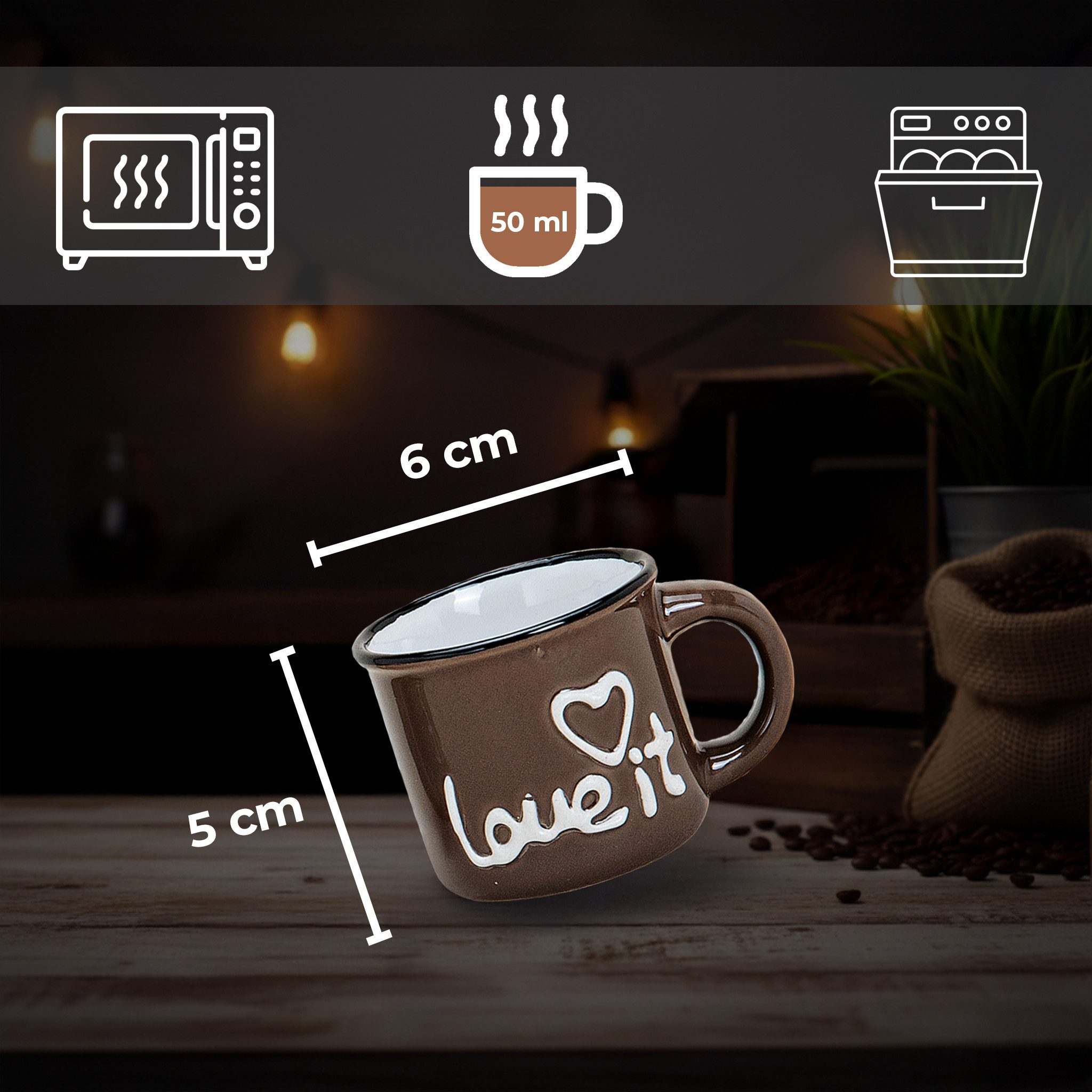 matches21 HOME & HOBBY Tasse Espresso-Tassen Love It Spruch 6er Set dickwandige Keramik, 50 ml, 6-tlg., Keramik, Kleine Landhaus-Stil Vintage Henkel Herz Kaffee-Tassen