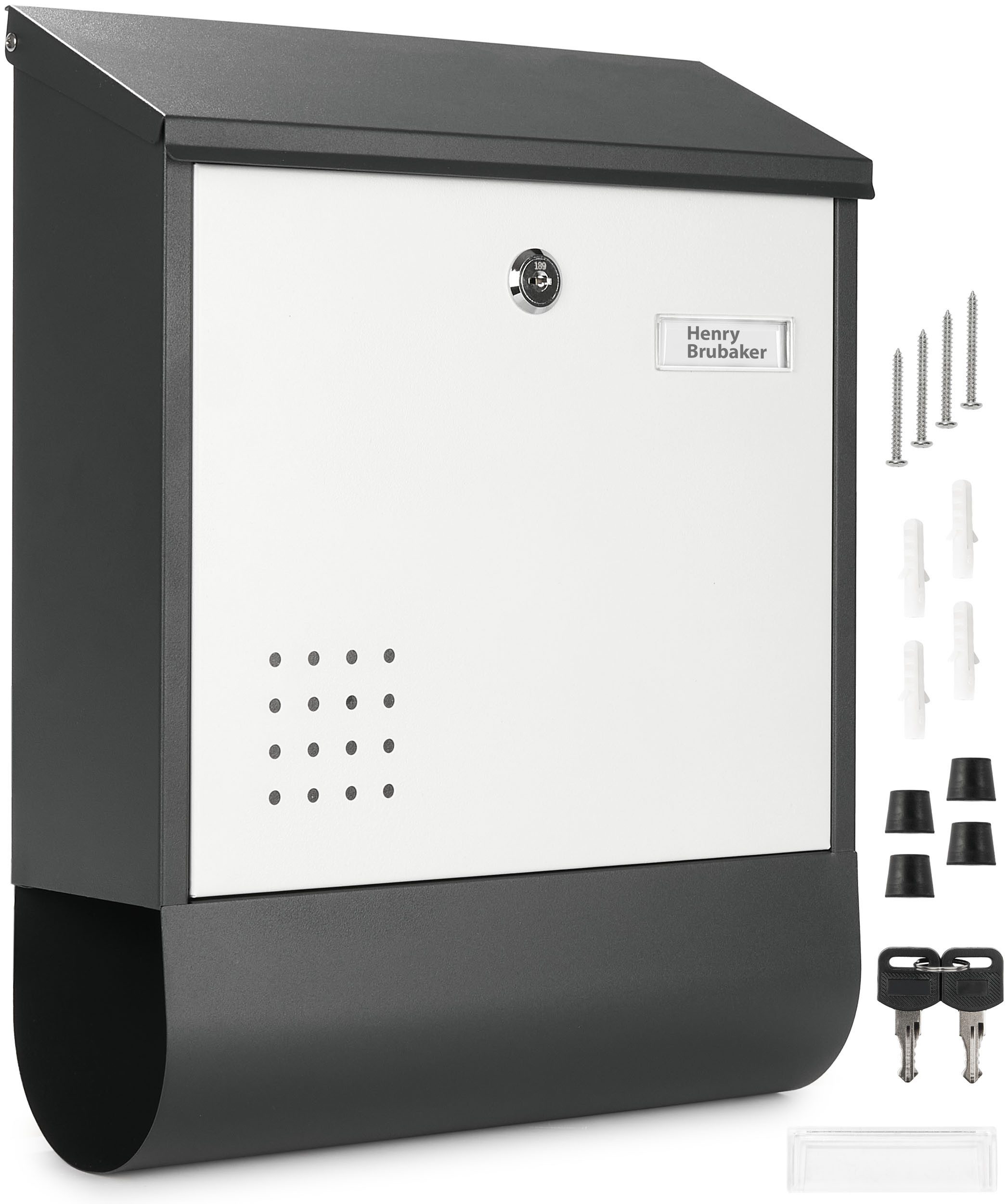BRUBAKER Briefkasten mit Zeitungsfach - Postkasten mit Zeitungsrolle und Namensschild (1-St., mit 2x Schlüsseln - Anthrazit und Weiß), Großer Wandbriefkasten aus Aluminium und verzinktem Stahl