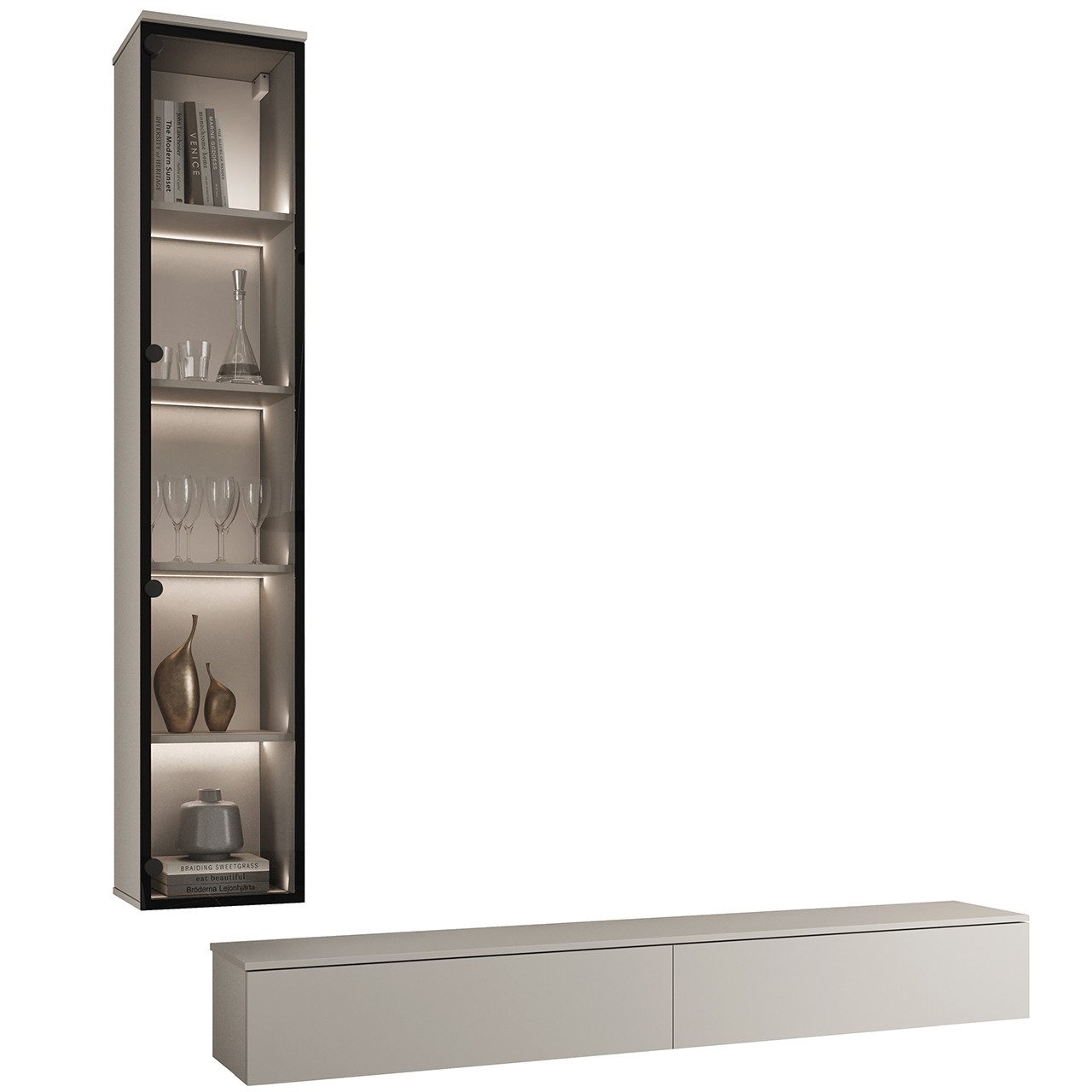 MOEBLINE Wohnwand Wohnwand Medienwand FIVO 2 kaschmir TV-Lowboard Vitrine 2-St