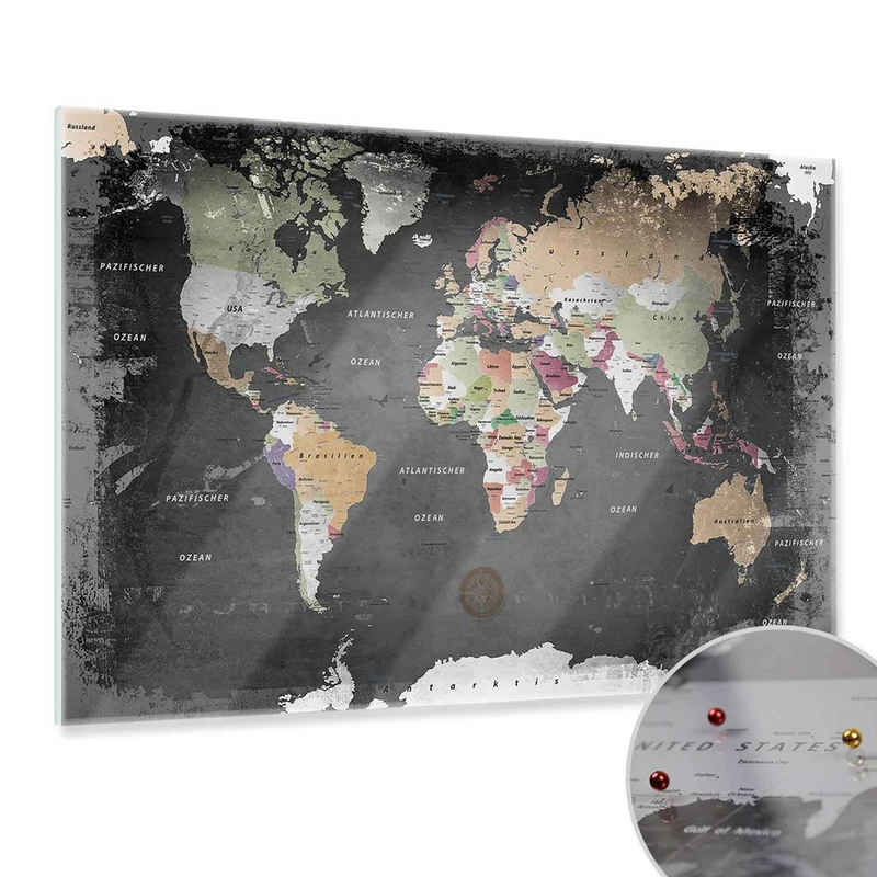 LANA KK Glasbild »magnetische Weltkarte«, zum markieren Deiner Reiseziele mit Neodym Magneten, deutsche Beschriftung