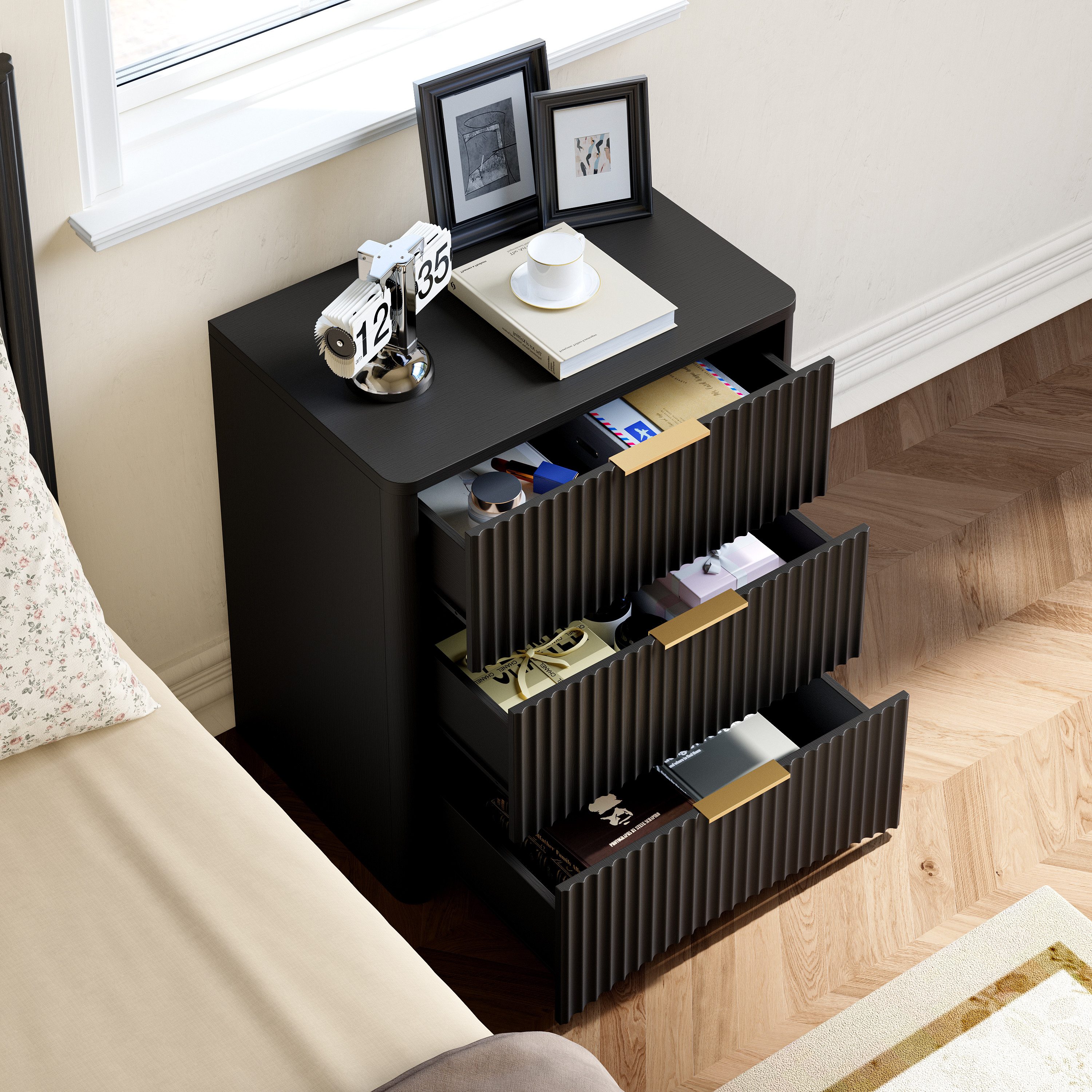 REDOM Nachttisch Kommode mit 3 Schubladen, klassisches Design mit Rillen (Metallgriffe und geräuscharme Führung, stabiles Unterteil, Eiche), Schrank