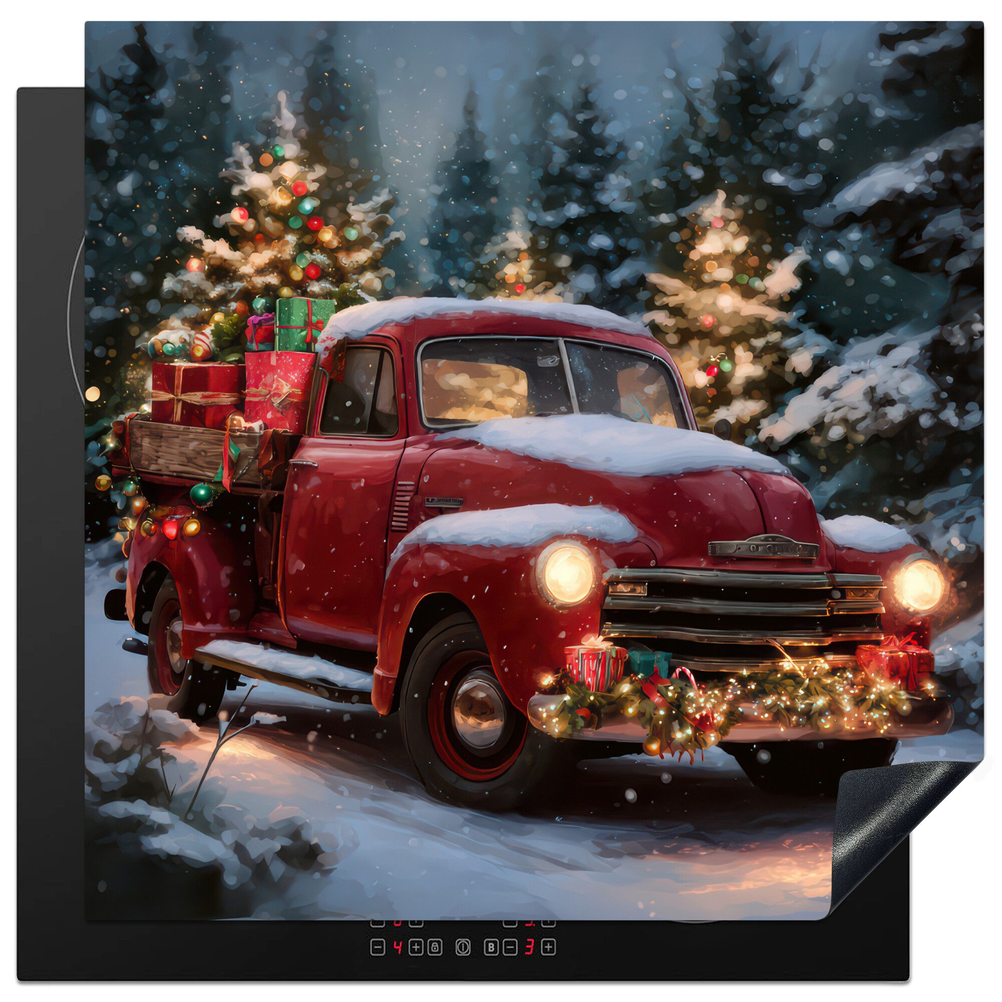 MuchoWow Herd-Abdeckplatte Weihnachts-LKW - Schneewald - Rot, Vinyl, (1 tlg), Küche Herdabdeckung Ceranfeld Induktionsfeld Vinyl, 60x60 cm