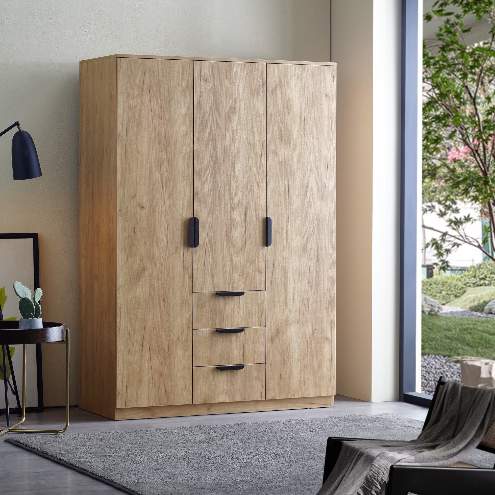 en.casa Kleiderschrank »Eiselfing« 3 Türen, 4 Fächer, 3 Schubladen 176x120x52 cm Eiche – Bild 3 von 5