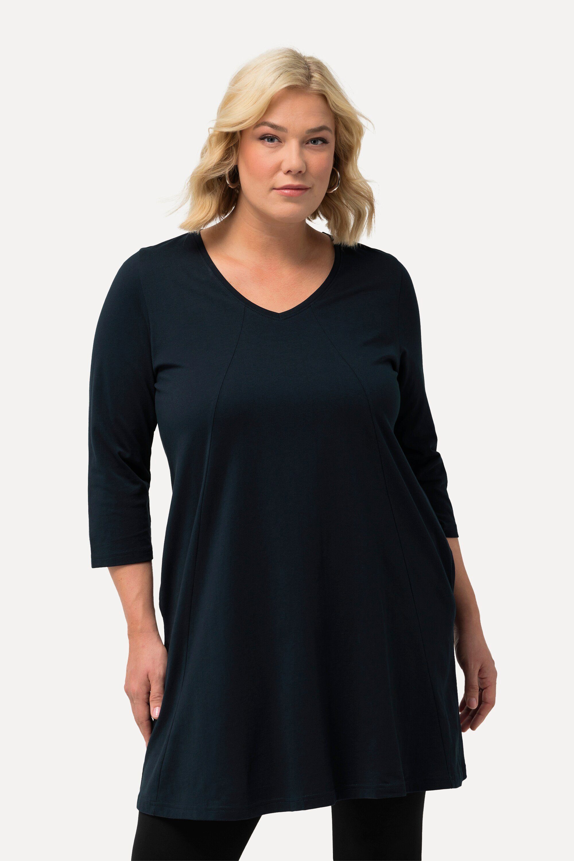 Ulla Popken Longshirt Longshirt Ziernähte A-Linie V-Ausschnitt 3/4-Arm