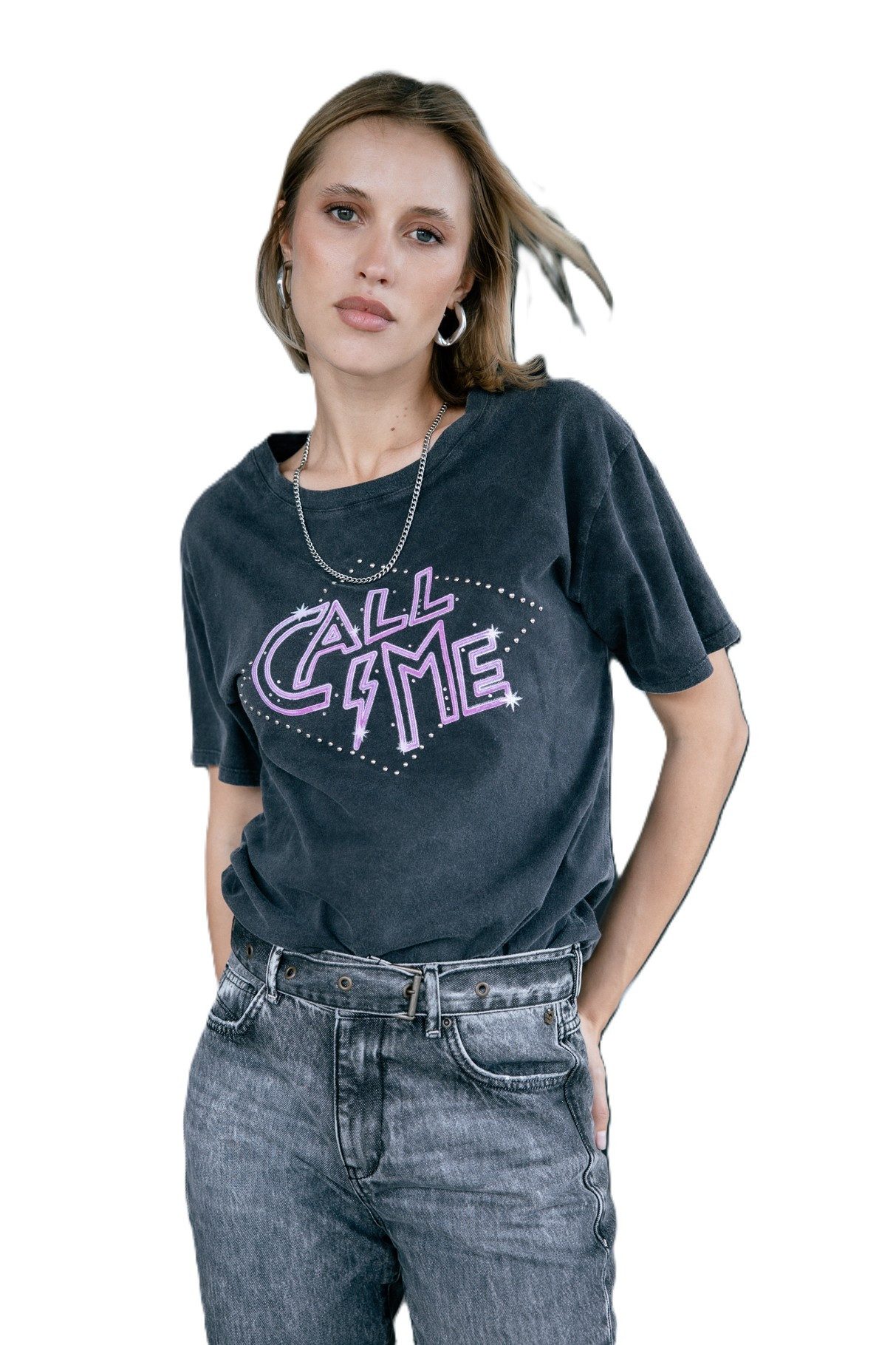 Freeman T. Porter Kurzarmshirt Suria Call Me - Bedrucktes T-Shirt mit Nieten - Shirt