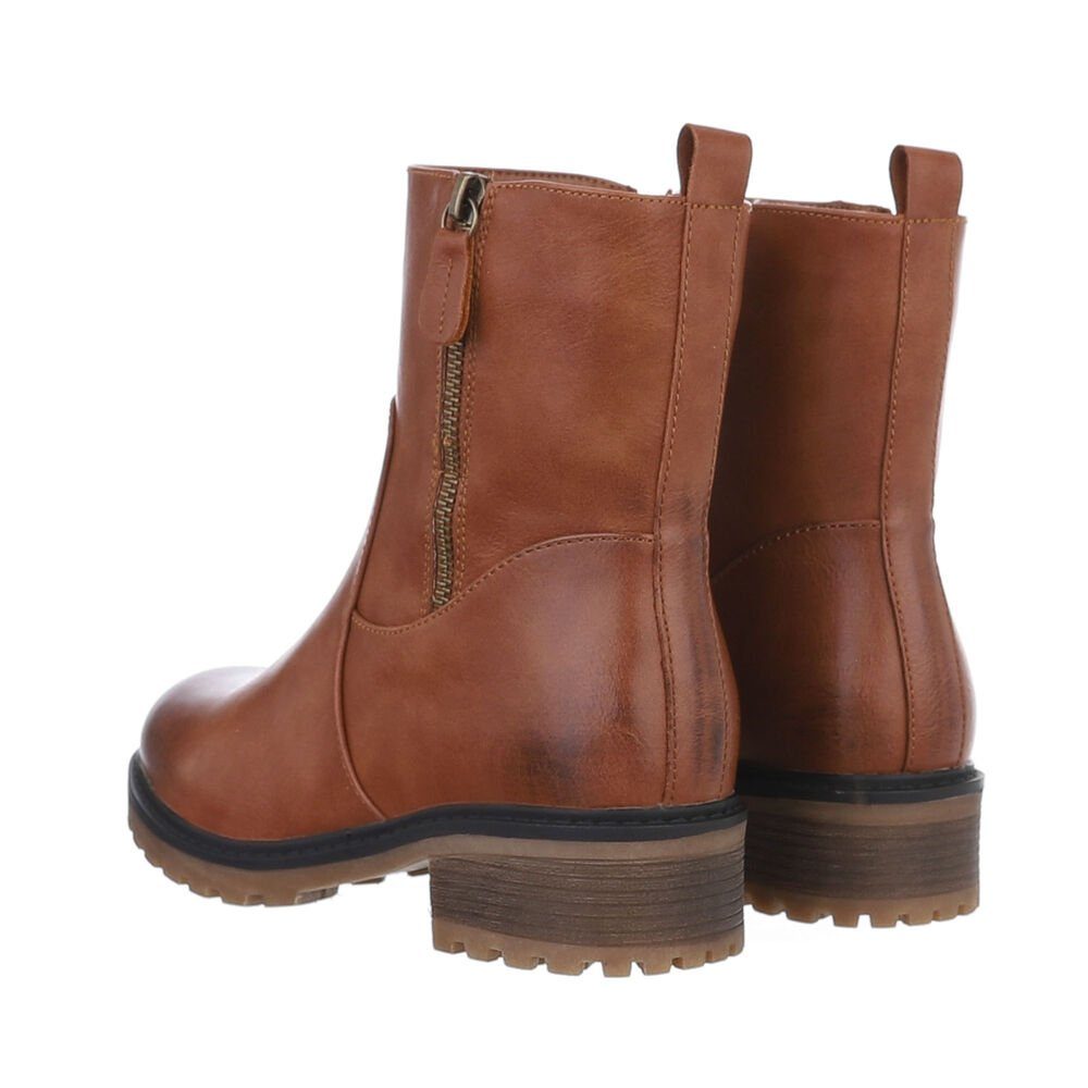 Ital-Design Damen Freizeit Stiefelette (84906857) Blockabsatz Flache Stiefeletten in Camel