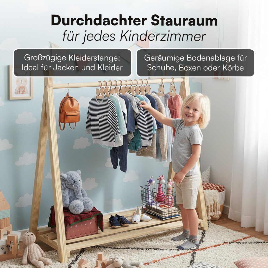 Bellabino Kleiderständer Ryck für Kinder im Tipi-Design, Kindergarderobe mit Kleiderstange & Schuhablagefläche