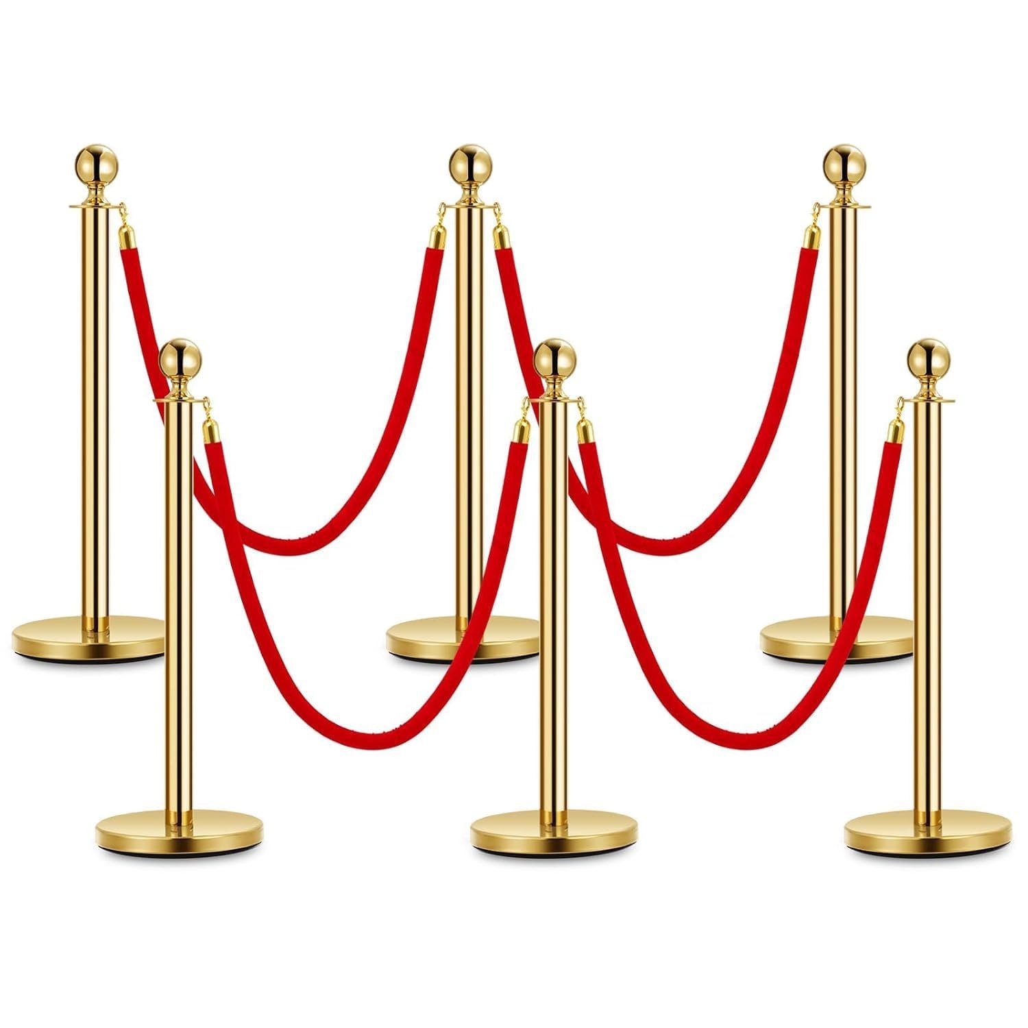 GarveeMore Absperrpfosten mit Samtseilen 150 cm Edelstahl vergoldet 95 cm hoch (6-tlg), für Events, Messen, Hotels