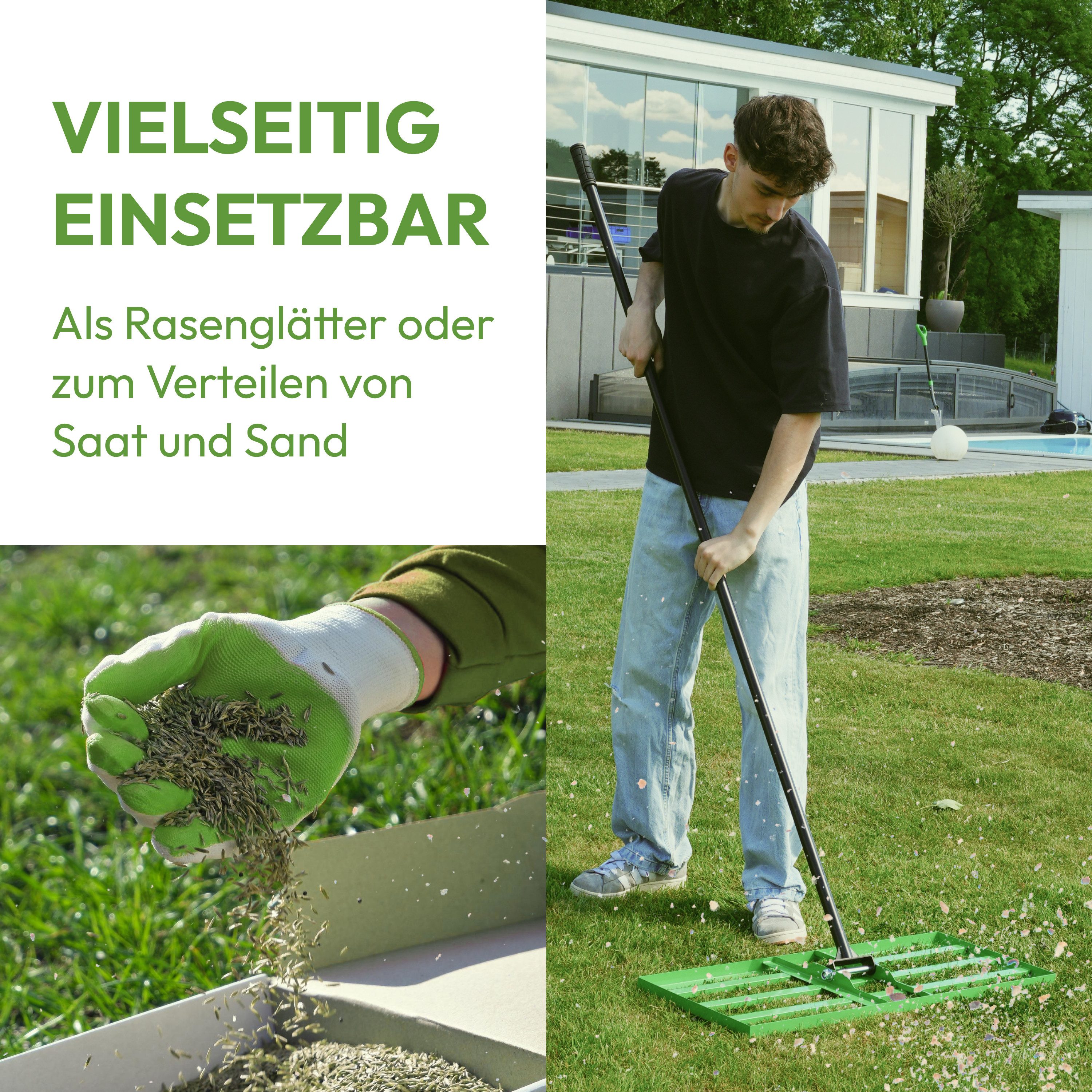 NovaTerra Rasenrechen Rasenrakel Nivellierrechen Levelingrake Rakel zum Sanden 75x35cm, mit 200 cm langem Stiel, Ideal zur Rasenpflege, Sandverteilung und Rasen – Bild 2 von 5