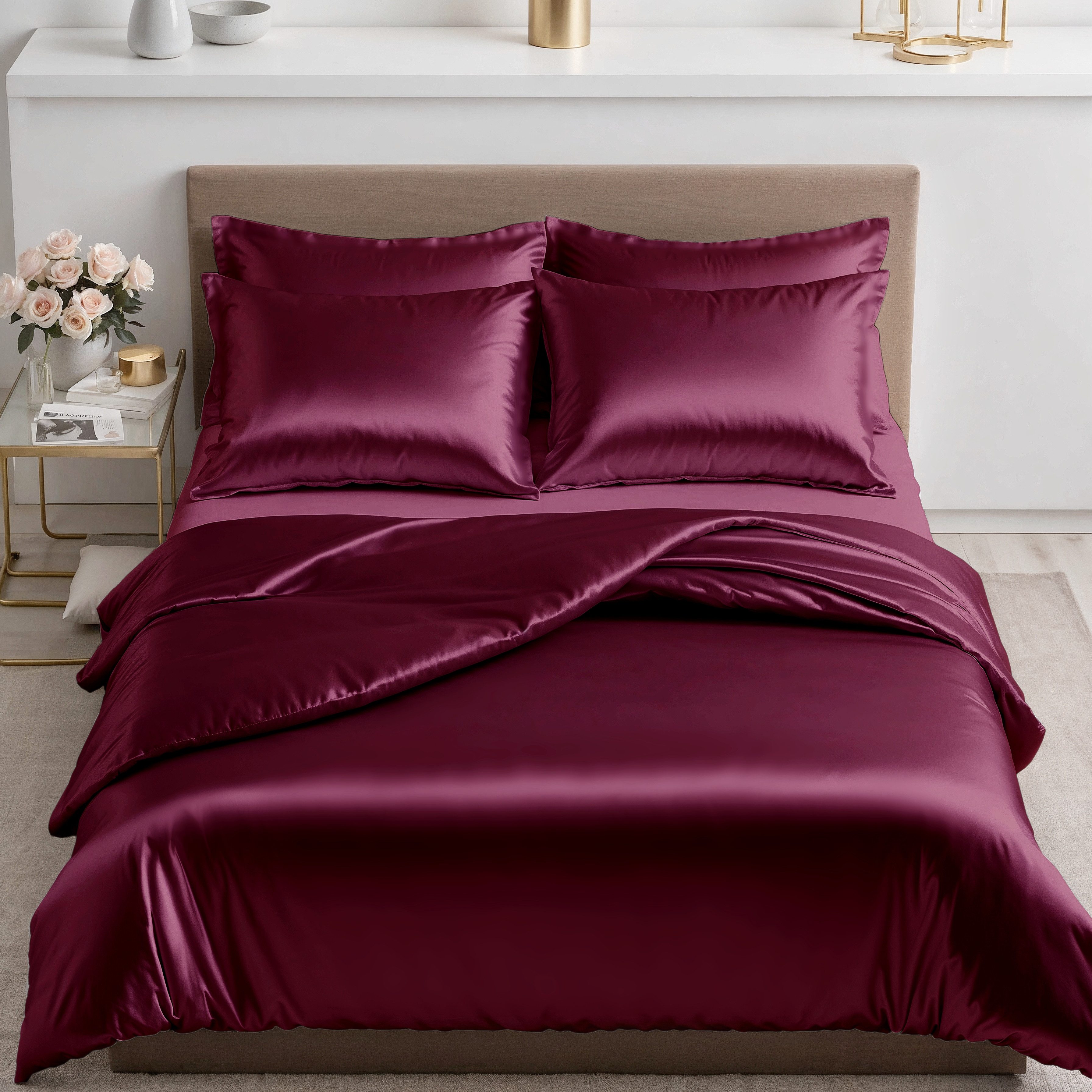Cozyor Bettwäsche Satin glänzend 135x200, 155x200, 155x220, 200x200cm mit Reißverschluss, Satin, bordeaux Berry, 3 teilig, Edel und hochwertig