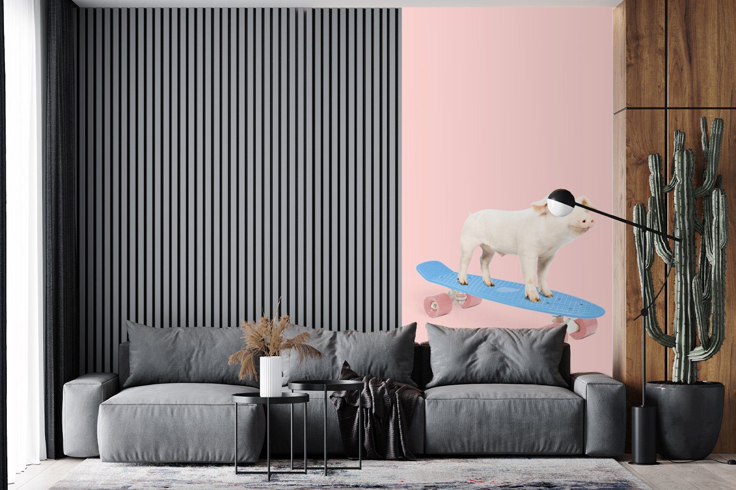 Skateboard MuchoWow Schlafzimmer Matt, - Fototapete Rosa bedruckt, Wohnzimmer - - Tiere, St), (2 Blau für Schwein Küche, Vliestapete - Fototapete