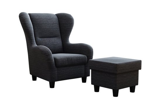 MÖBELFREUDE Ohrensessel Sessel SAVANA Schwarz, Wohnzimmersessel mit Hocker