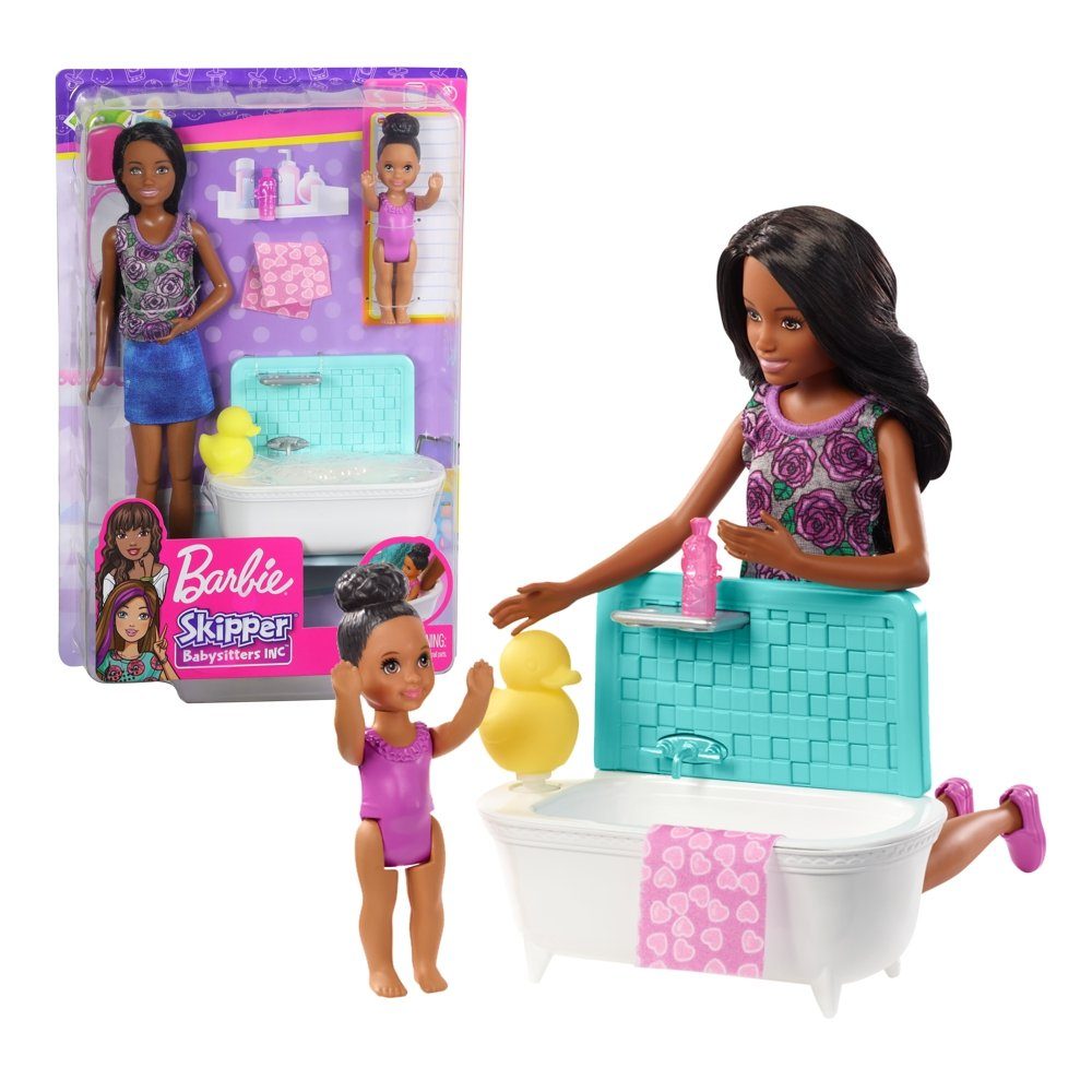 Barbie Anziehpuppe Babysitter Freundin Barbie Mattel FXH06 Puppe & Bad Spiel-Set