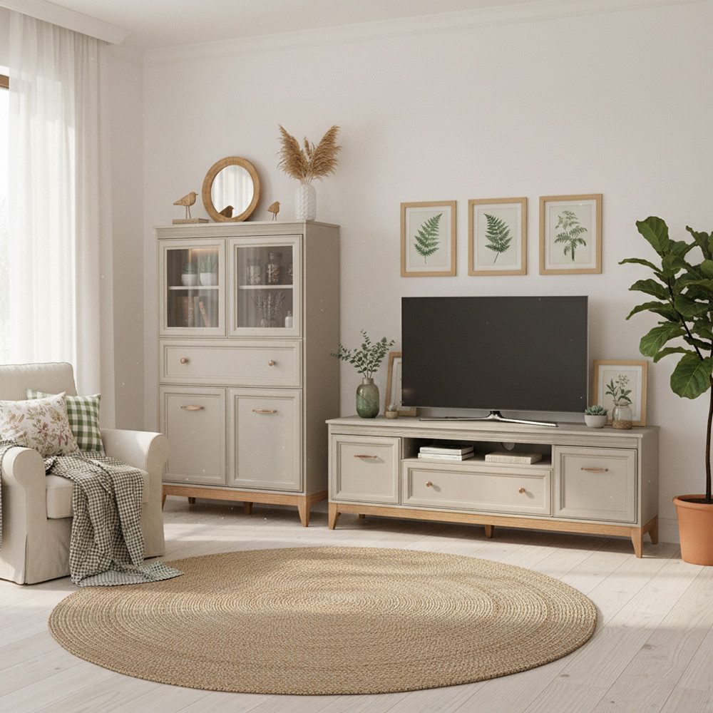 Lomadox Wohnwand WILNA-161, (2-St., Highboard Lowboard), Kaschmir, Massivholzfüße, Softclose-Funktion, Landhaus