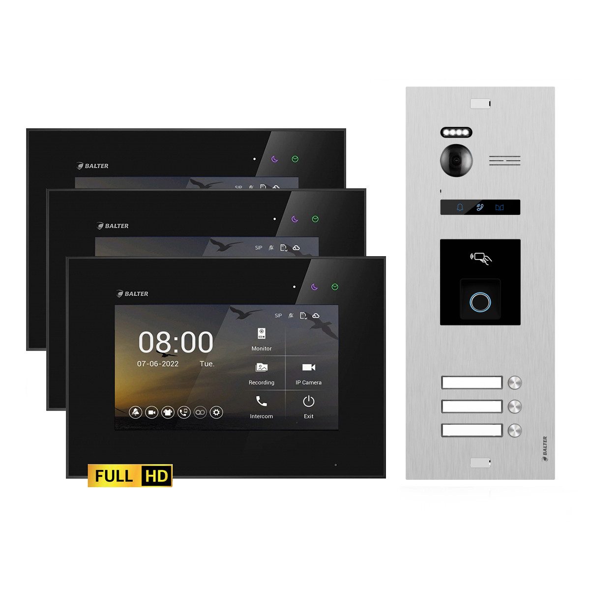 Balter Video-Türsprechanlage EVO HD Set Silber für 3-Familien Fingerprint und RFID 3x Monitore (Set, 3-Familienhaus, Komplettsett, Full HD 175° Kamera, Fingerprint, RFID)